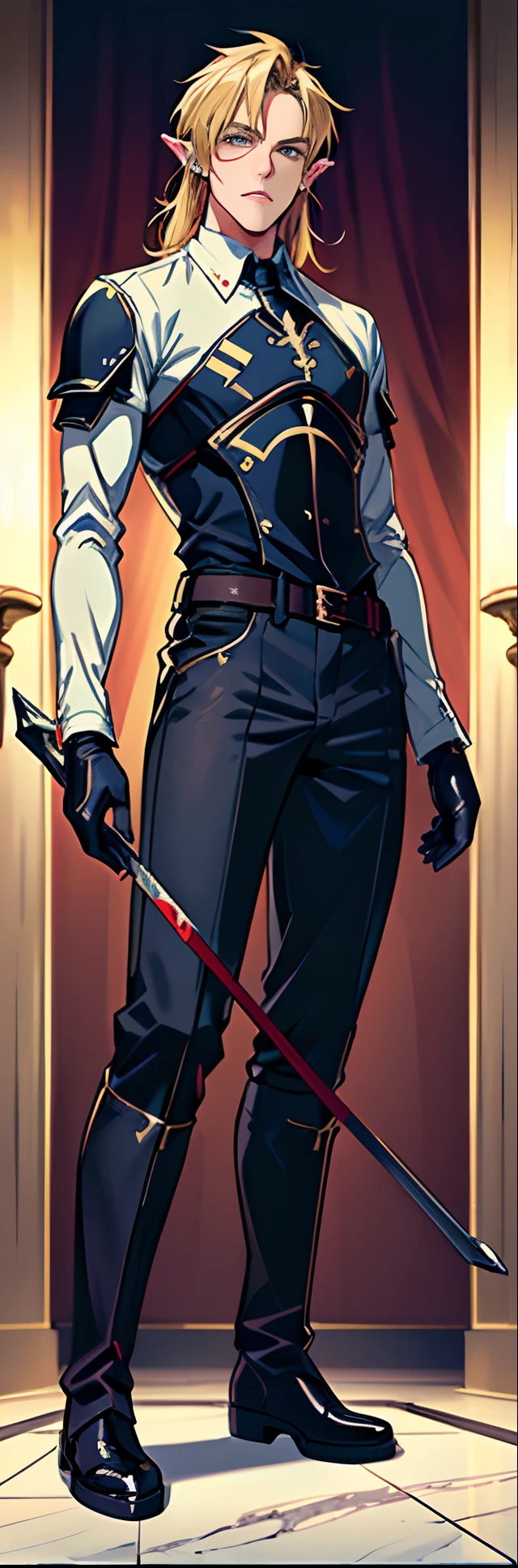 (highest resolution, distinct_image) best quality, a man, solo, masterpiece, highly detailed, anime look, color Manga Style, blonde hair, long wild hair, (23 years old:1.4), mature, tall strong,paladin,(luxury hotel room background:1.2), cold, serious, tall, handsome, powerful, demi-god, exquisite facial features, (full body)(combat_boots:1.4)(dark pants:1.3),( gloves:1.5)(long sleeves),solo,(looking at viewer),(from below:1.1)(head turned upwards:0.3)(smiling:0.4)(holding riding crop:1.2)(muscular:1.2),(black belt), (shirt tucked in pants),(standing on ground), (marble floor)(mean:0.4)(seductive:0.5)(evil:0.9),detailed,(abs:0.9)(bdsm Equipment),(Link:1.5),Warrior,knight,(white button-up shirt)(masculine face)