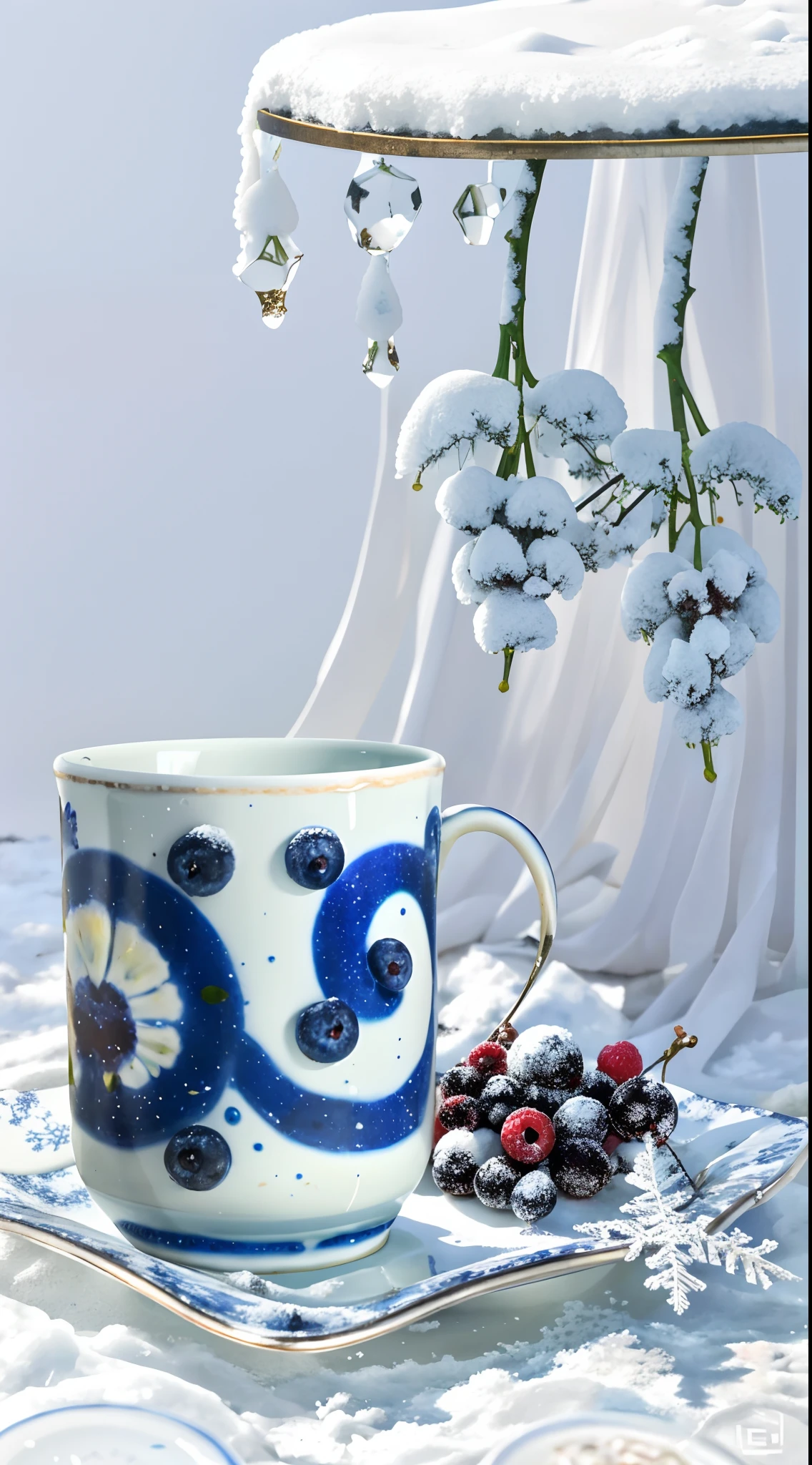 tmasterpiece,best qualtiy,rich details,Detailed light and shadow,There is a cup and a plate,Berries are placed on top, Still life with snow, dripping blue natural iwakura,There was a glass of milk and berries on the table, With red berries and icicles,Blue and white colors, Blue mood in background, Still life with snow, Against the backdrop of winter, White snow,snowflower,White and blue color scheme, berries dripping, Blue drapery in winter, Blue and white, blue white colors