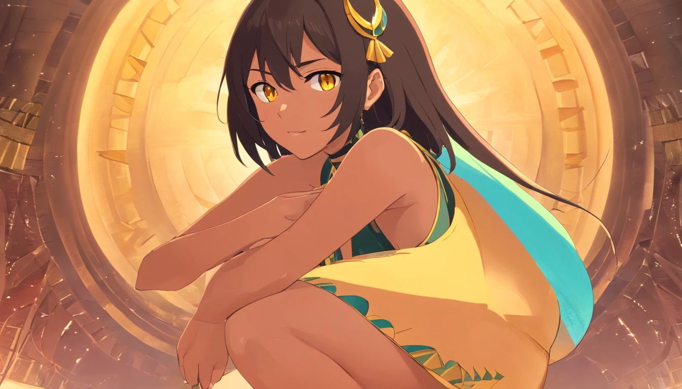 a woman in a、A dark-haired、Colossal tits、Big ass、Egypt、yellow eyes、Large, thick thighs、a short bob、wide hips、Egyptian style、black woman