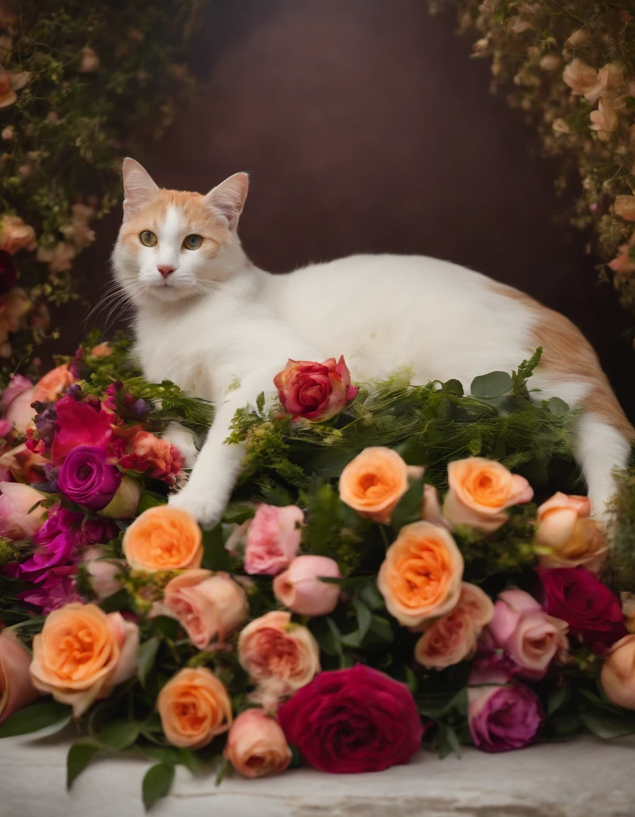 Roman burial ceremony. A cat, adorned with flowers, is gently laid to rest