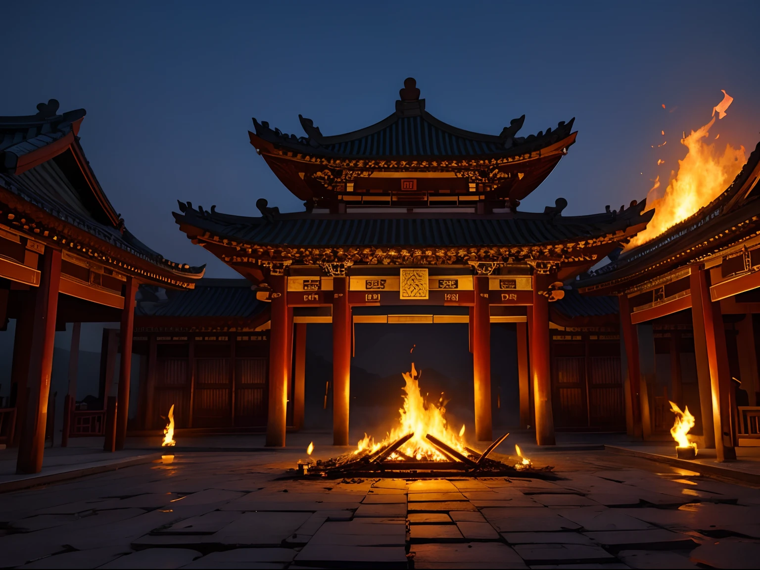 The night was deep,The flames of the pyre jumped and jumped,Wide viewing angle,Broken temple,Chinese architecture