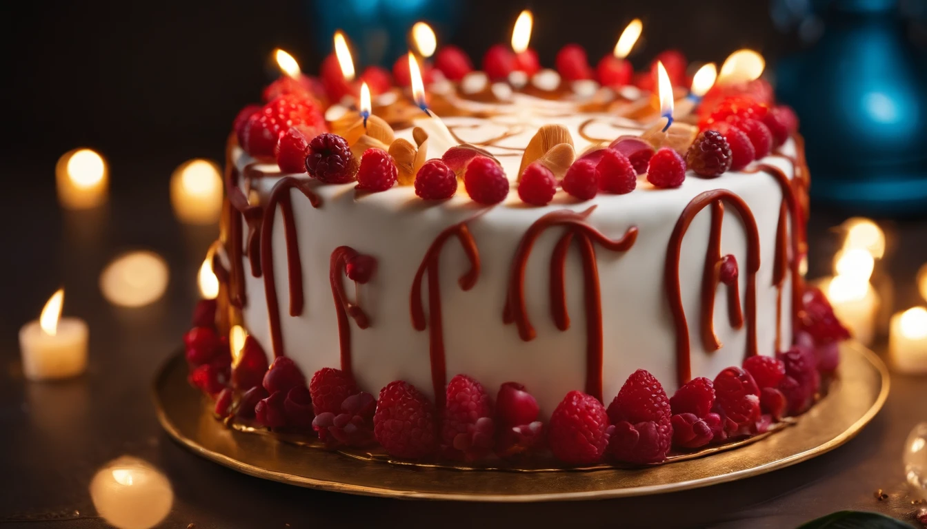 Delicious birthday cake，cinematic ligh，professional photoshooting，studio lit，studio context，advertisement photography，Complicated details，hyper-detailing，Ultra photo realsisim，8K UHD