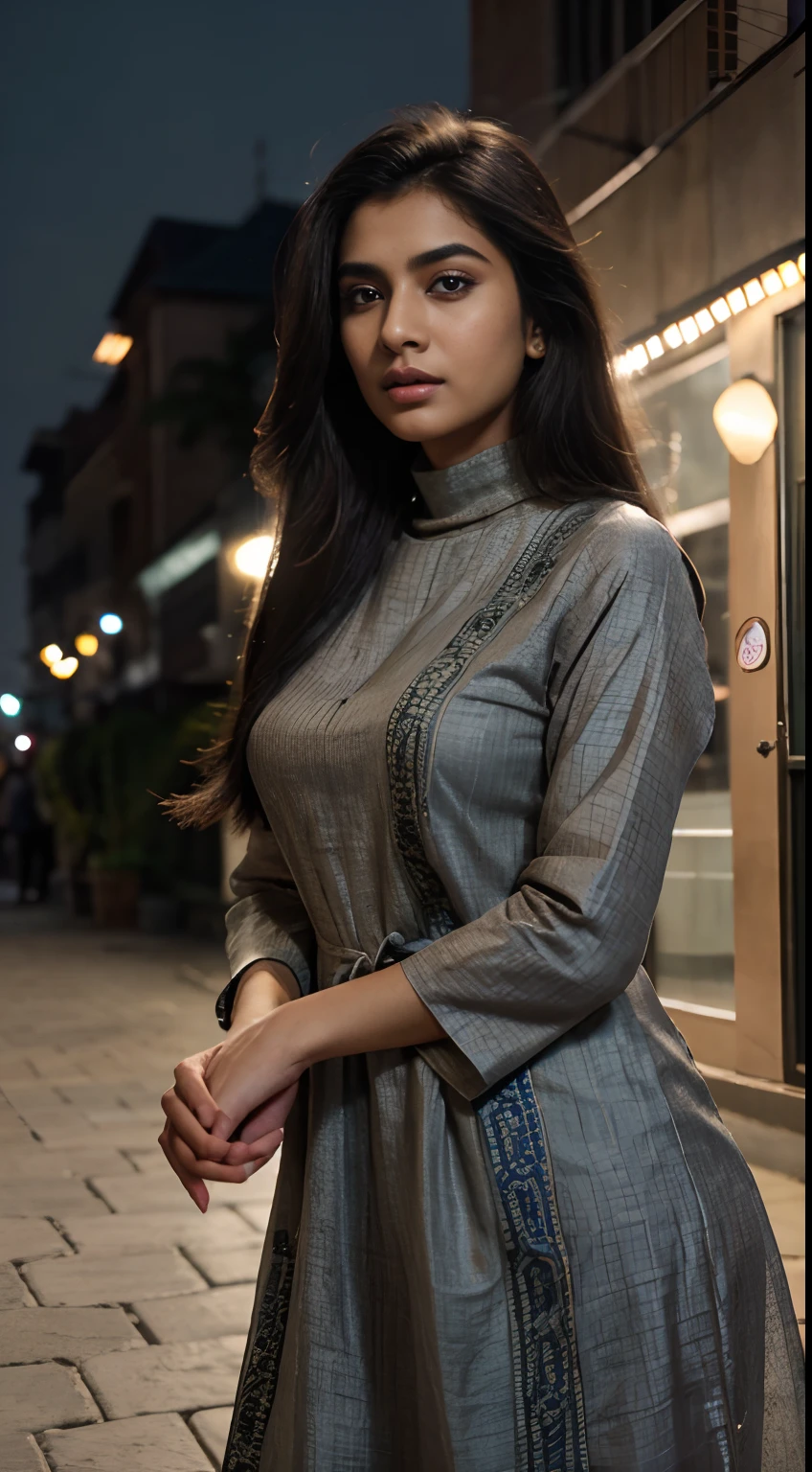 ultra-realistic photographs,Indian Instagram female model,mid 20s,9:16,mid-shot,beautiful detailed eyes,detailed lips,longeyelashes,black tied hair, naturally full eyebrows,perfectly formed nose,expressive face,attractive appearance,confident and elegant posture,graceful movement,vibrant and colorful turtle-neck kurta dress, vibrant patterns, night street background, serene atmosphere,stunning architecture,soft and natural lighting,vivid colors,photorealistic,HDR,highres,studio lighting,ultra-detailed,bokeh,fully covered clothes