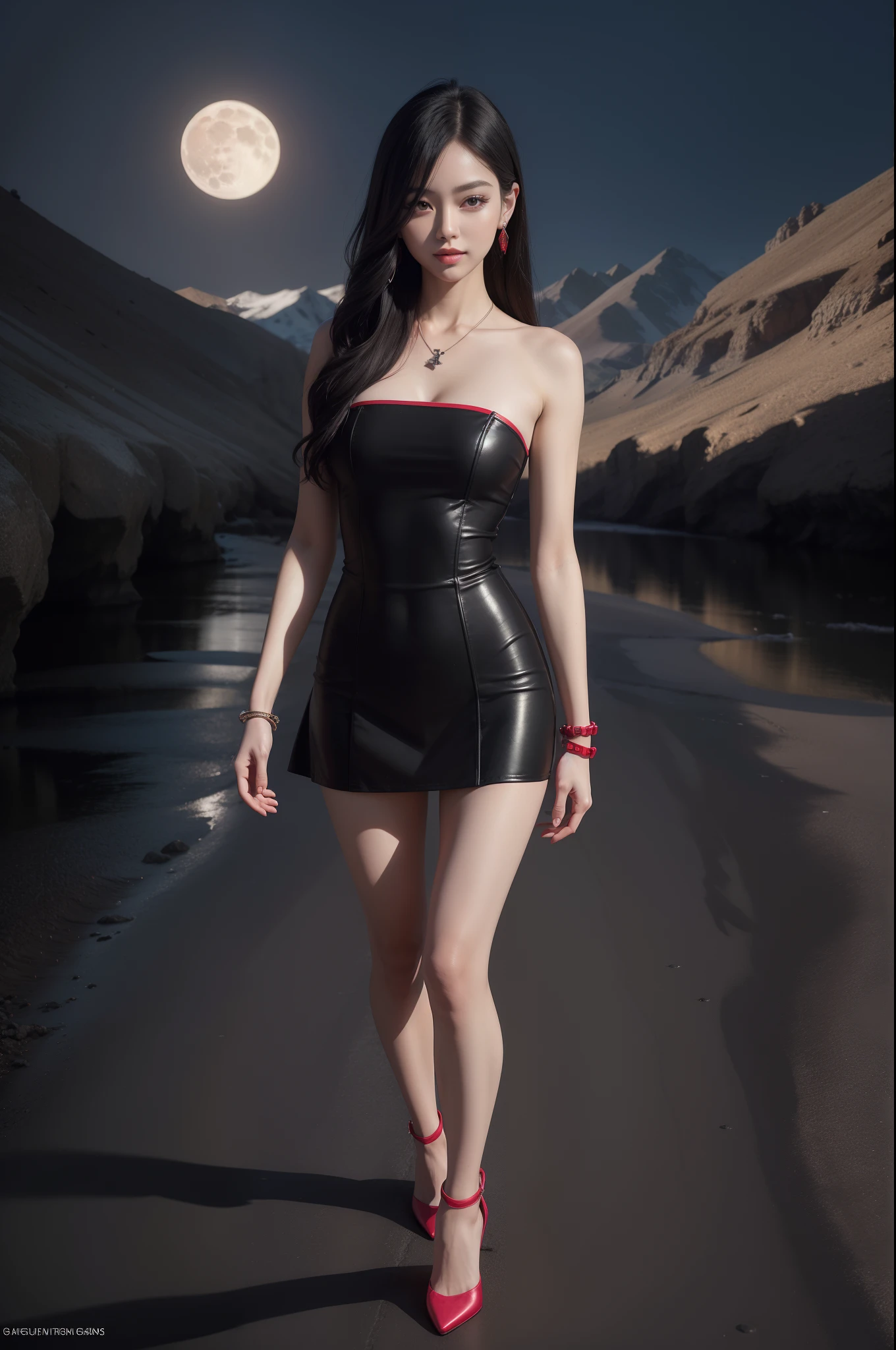 8k, masterpiece, RAW photo, best quality, detail: 1.2), realistic photo, extremely detailed 8k unified CG wallpapers, depth of field, cinematic light, lens flare, ray tracing (extremely beautiful face, beautiful lips , beautiful eyes), face with intricate details, ((Ultra detailed skin)) 1girll, Deep dark shadow, Korean pretty girl, Kpop idol, (Very thin and slim muscular body: 1.3), ((View viewer)), (great smile), (black and red mini dress), (black and red dress), (No panties), (Injection bracelet), (background in a mountain), (moon), (Night), Korean pretty girl, Earrings, bracelet, necklace, no pantyhose, light eyes, walking, (pale skin), looking forward, (big eyes), ((standing full body photo)), (heels), pink minidress, black and red silk minidress , without panties, back, photo from behind