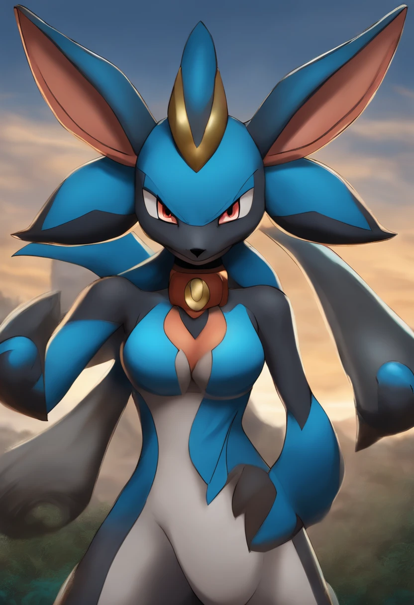A Naked Female Lucario with lucario tail with Thick Thighs, Big Butt, Big Breasts , Nipples, Sexy Thicc Body, Mountains place, she is sitting on a Big Rock, crossed Legs, She is looking at Horizon, Alone, Sunset, clean sky, Forest on background far away
