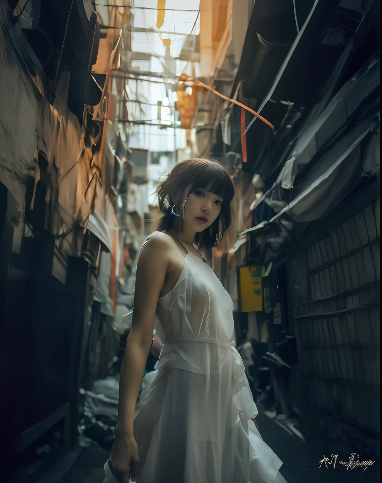 arafed woman in white dress standing in a narrow alleyway, styled like ghost in the shell, anime style mixed with fujifilm, inspired by Ayami Kojima, cinematic. by leng jun, cinematic shot ar 9:16 -n 6 -g, in neo tokyo, cyberpunk photo, shot with sigma f/ 4.2