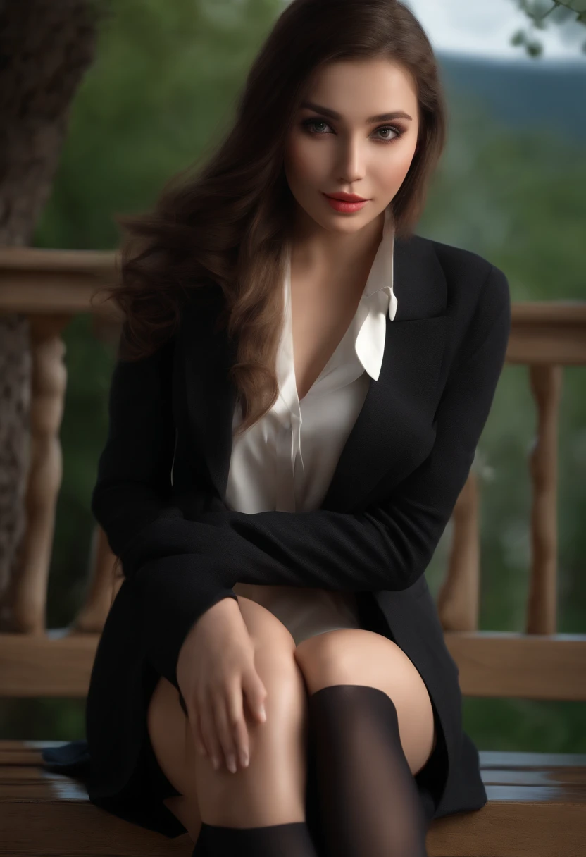 , girl, legs separated, Black stockings, (Best Quality, 4K, 8K, hight resolution, masutepiece:1.2), Ultra-detailed, (Realistic, Photorealistic, Photorealsitic:1.37), sportrait, Vivid colors, Dramatic Lighting