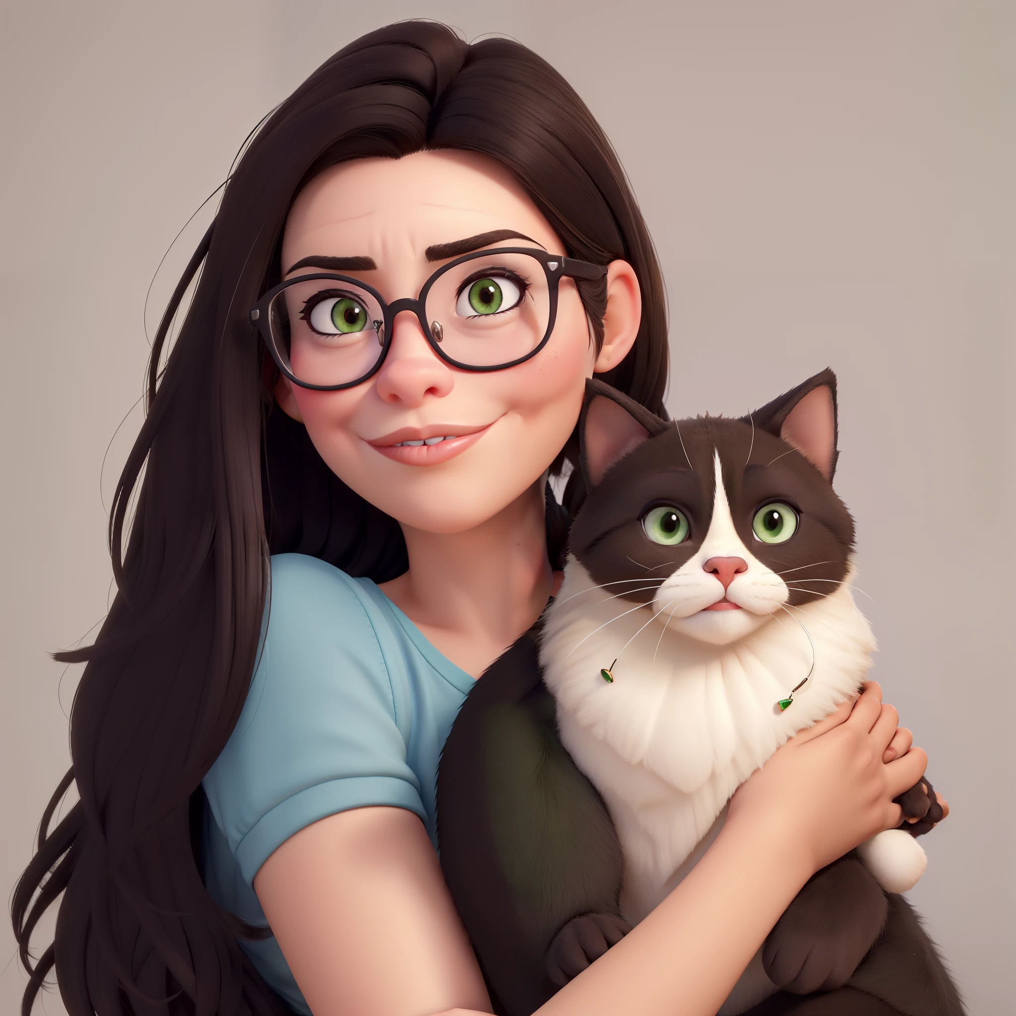 In the picture there is an average brunette woman, heart-shaped medium lips, cabelos castanho, longos e lisos, olhos castanhos amendoados, Thick eyebrows and prescription glasses. She holds on her lap an adorable cat with a black face and a scaly coat with large green eyes