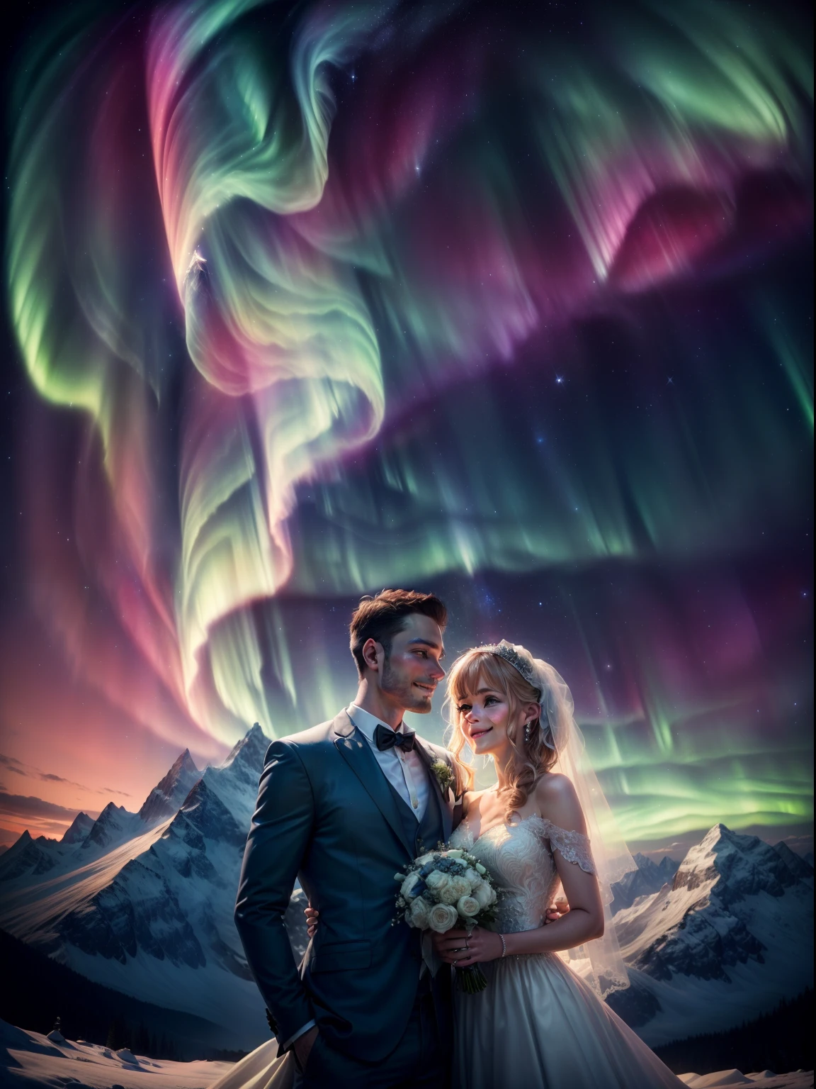 ((Best quality, A high resolution, Masterpiece:1.2)), (Romantic), (newlyweds:1), Delicate facial features, Clear facial features, Happy smile, Optimized details,(Stargazing at the top of the mountain:1.2), (Wedding dress), (suit), (aurora borealis),(glittering stars:1.5), Romantic couple photo, cinematic Film still from.