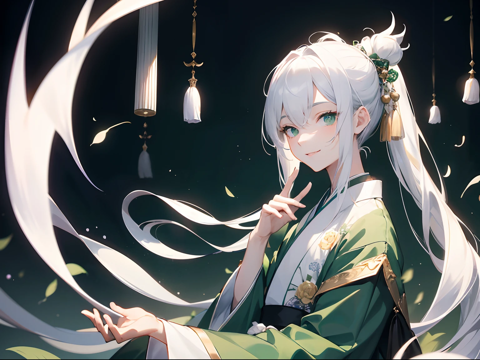 tmasterpiece,Ultra-sharp image quality,1 man,20yr old,,white color hair,Hanfu,Greet with a smile,1 woman,,Long black hair fluttering,Green eyes,ssmile,Pale green Hanfu,Look up your perspective,,Background with:Interior of the moonlit garden,