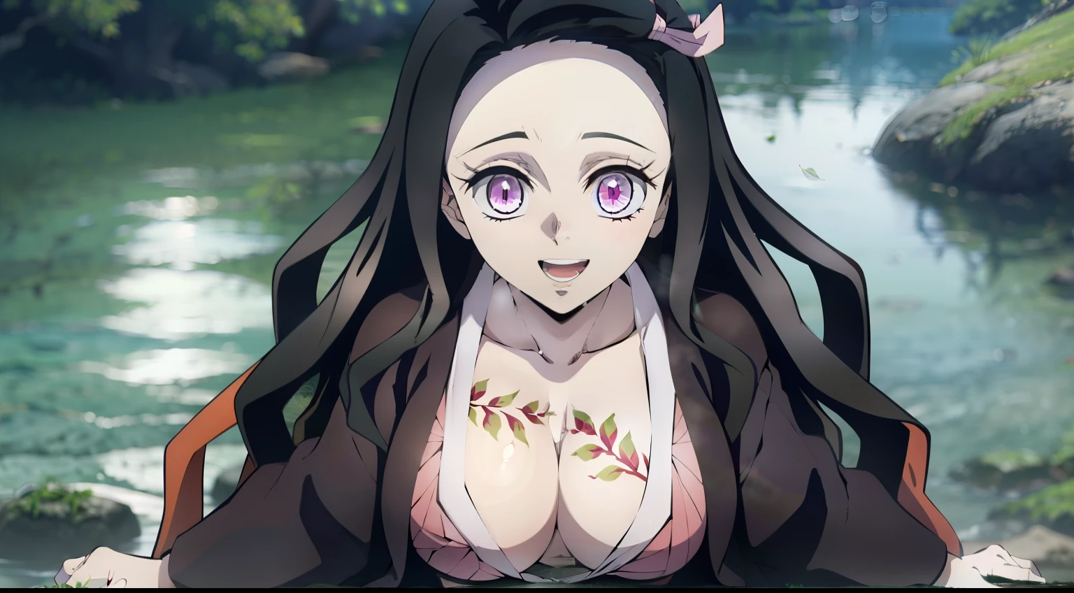 Frame from above, Erotica, Lies, lies on the surface of the water, Camera from above, backboob, buttocks, naked body, half naked, Forest Water, Swimming in the lake, against the background of the moon, Erotica, full-length photo, Panoramic view, half naked(Body Full 1.1), Sexy, Smiling, Nezuko Kamado's masterpiece, ssmile, joying, Long black hair with orange tips, Ribbon Hair, (pink eyes: 1.5) Bright, Wavy Hair, two tone hair, professional photo of a, haori, Japanese outfit, Sexy kimono, long sleeves, pink kimono, band, long sleeves, Perfect Curved Body, Tattooed body with leaves, permeating Her body, Lovely Medium Breasts, Her breasts are sticking out from under her clothes, BREAK (Master Part: 1.2), Best Quality, High Resolution, photorealestic, photogenic, Unity 8k壁纸, (illustartion: 0.8), (Beautiful detailed pink eyes: 1.6), extremely detailed face, perfect lighting, extremely detailed CGI , (perfect arms, perfect anatomy), 18 year old girl with perfect breasts, beatiful face, master study, intricate details, Detalhes realistas, the anime, (По мотивам Demon Slayer Kimetsu no Yaiba Nezuko Kamado) the perfect body, Perfect Pointed Breasts, The Perfect Girl, perfect details, Ultra HD |, 8K, Professional photo, Kimetsu no Yaiba Sexy Nezuko Kamado shows off her sexy body with a leaf tattoo, Joyful expression on his face,