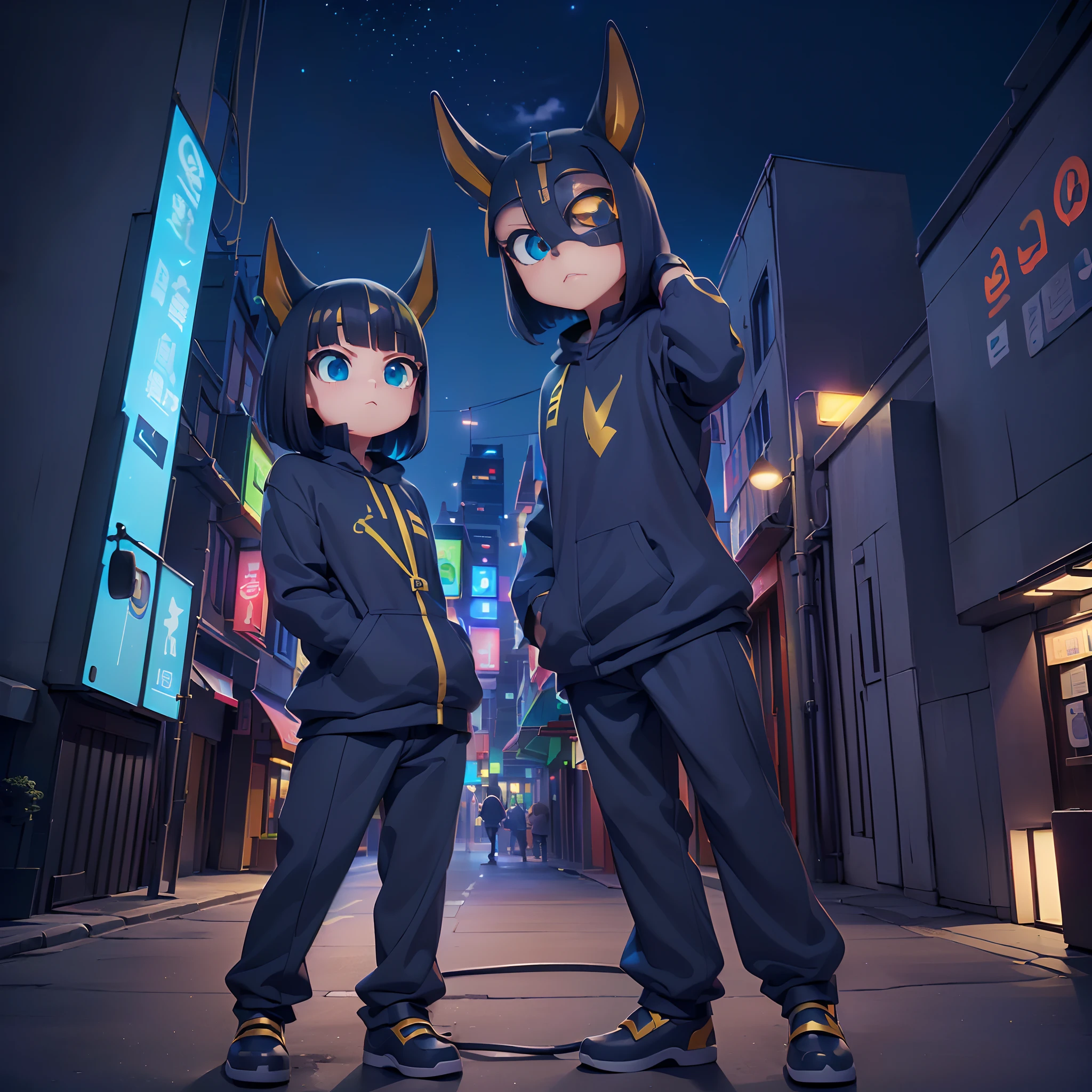 ((Chibi Chara:1.3), (Colorful:1.2), (Highly detailed CG Unity 16K wallpaper:1.1), (Denoising strength: 1.45), (tmasterpiece:1.37), ((Official art)), of the highest quality, (Realistic), Male child, (Short-cut hair:1.2),(Anubis Costume:1.5),Black hair,Glowing eyes,(blue eyess:1.2),((Poses in motion:1.4)),((Anubis Costume:1.3)),wires, (LED:1.3), (a hologram:1.2), futuristic city street, Neon light, Skyscrapers, (Night:1.2), (Rainbow Model:1.2), 8K resolution, (Anime style:1.3), Cinematic lighting, chromatic abberation, spark of light, Ray tracing, blending, ultra wide-angle, Hasselblad, (masutepiece), ((Best Quality)), ((masutepiece)), nffsw