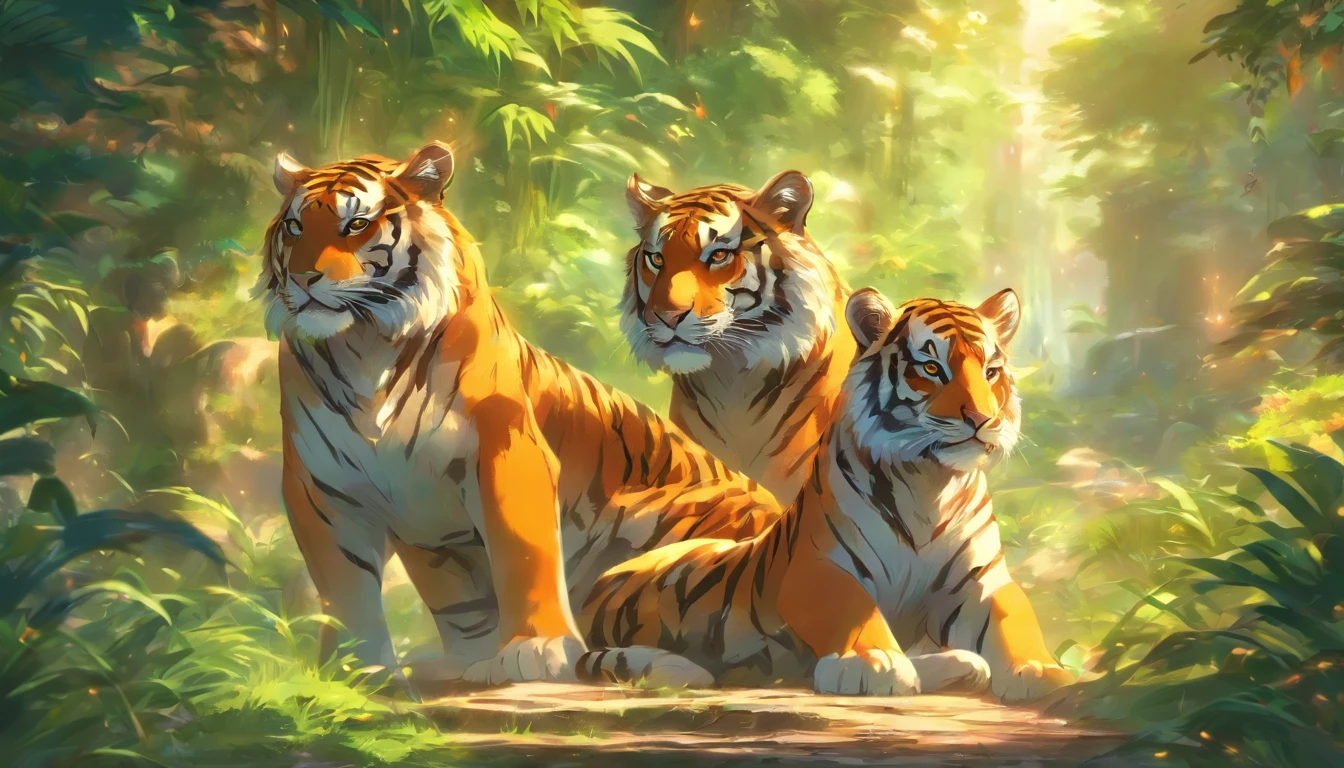 a family of tigers, lush green forest, majestic and powerful, mother tiger patiently grooming her cubs, father tiger stands guard, sunlight filters through the dense foliage, vibrant and rich color palette, dramatic lighting, detailed fur and stripes, realistic and lifelike, best quality, ultra-detailed, professional, vivid colors, sharp focus, HDR, bokeh, oil painting style, intense and energetic, dynamic composition, contrast between light and shadow, immersive and captivating.