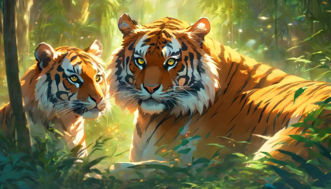 a family of tigers, lush green forest, majestic and powerful, mother tiger patiently grooming her cubs, father tiger stands guard, sunlight filters through the dense foliage, vibrant and rich color palette, dramatic lighting, detailed fur and stripes, realistic and lifelike, best quality, ultra-detailed, professional, vivid colors, sharp focus, HDR, bokeh, oil painting style, intense and energetic, dynamic composition, contrast between light and shadow, immersive and captivating.