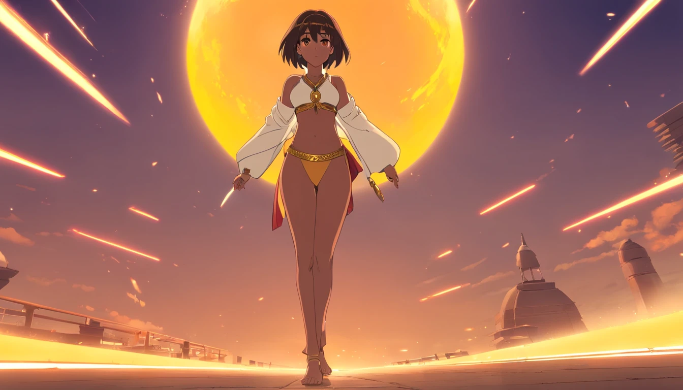 a woman in a、A dark-haired、Colossal tits、Big ass、Egypt、yellow eyes、Large, thick thighs、a short bob、wide hips、Egyptian style、black woman
