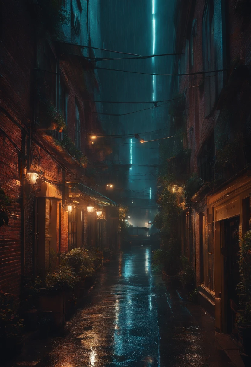 Ville, immeuble, pluie, cyberpunk