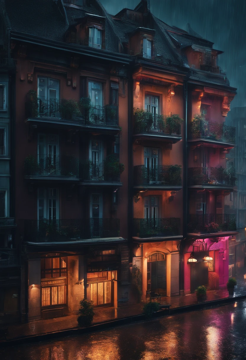 Ville, immeuble, pluie, cyberpunk