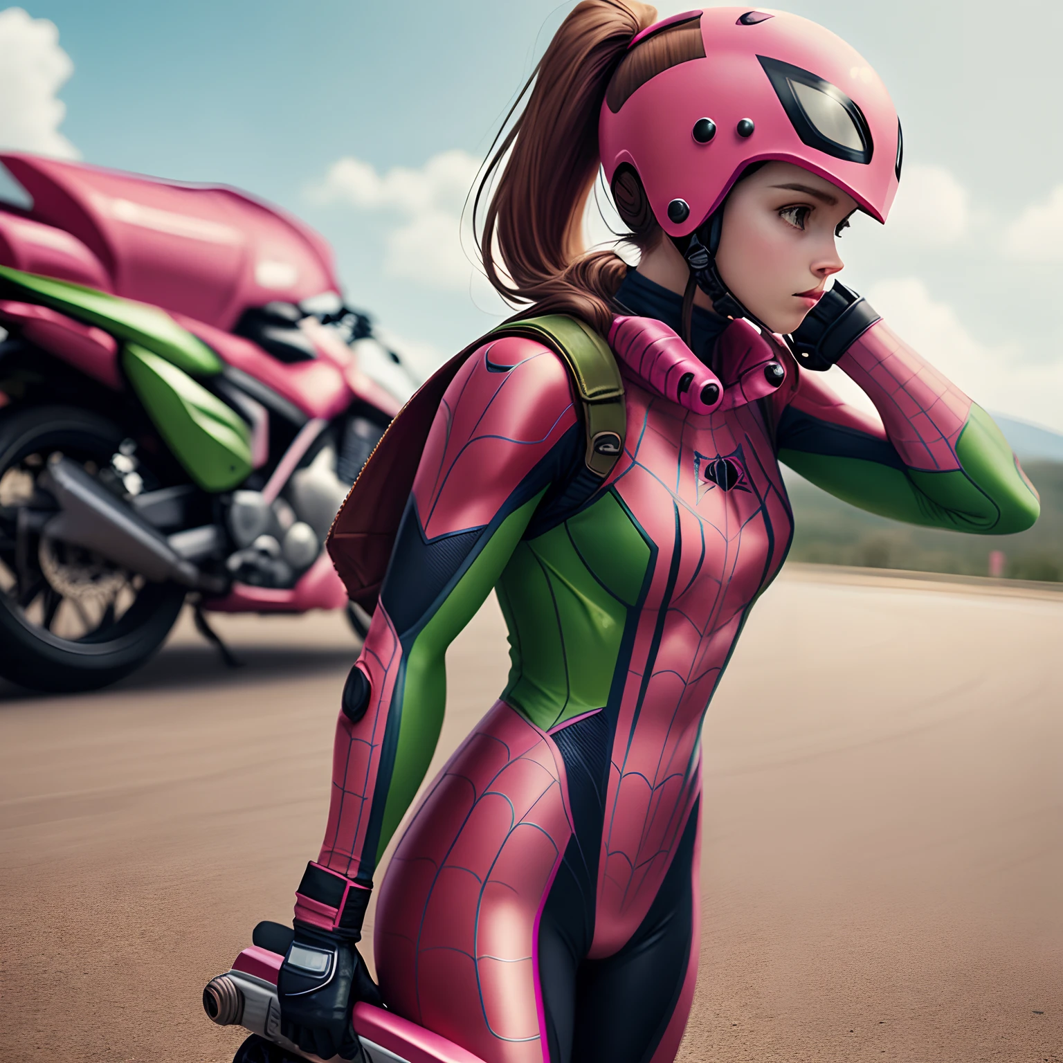 pink green Spider-Man suit, wearing motorbike helmet, standing alone, brown hair ponytail