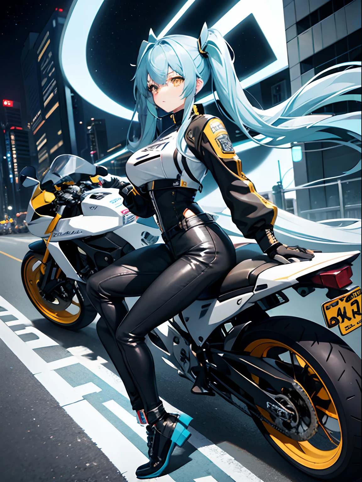 Long Hair, Twintail, Light Blue Hair, Yellow Eyes, Big Boobs, Bikers White Shirt, Bikers Black Jacket, Tight Black Jeans, Racing Motorcycle, Nighttime, Holding A Helmet, Wearing Black Gloves