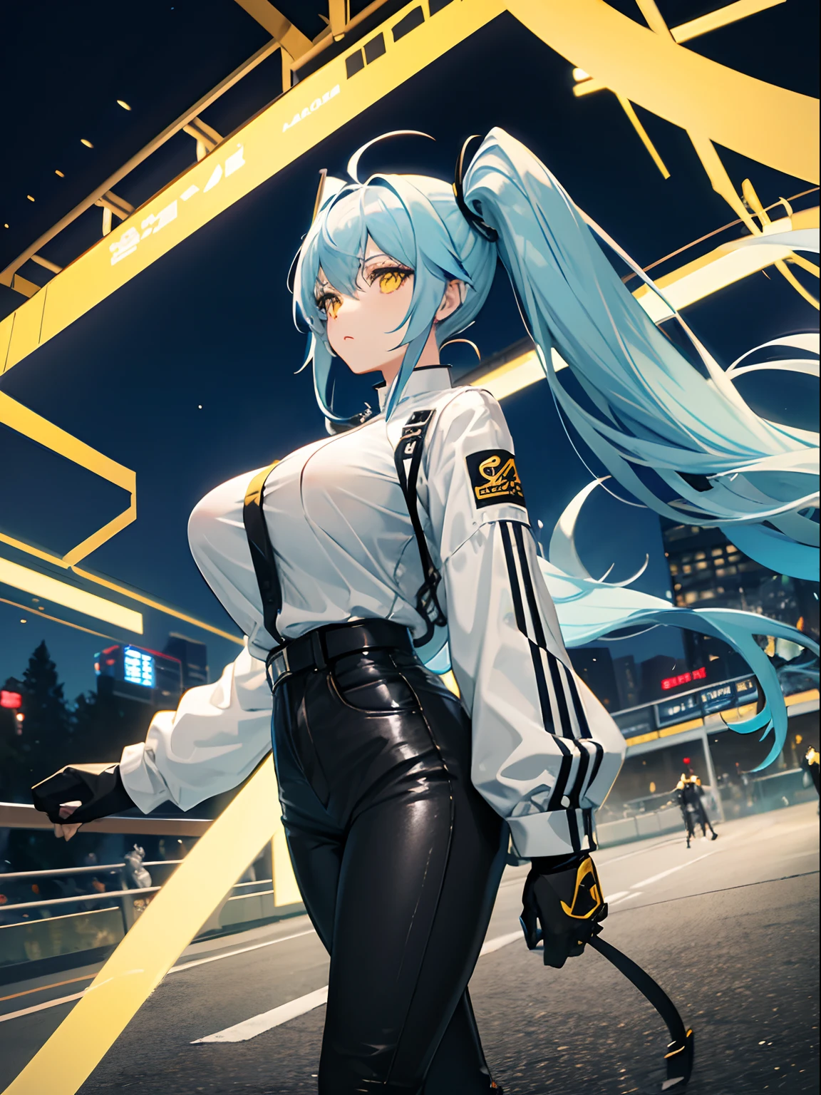 Long Hair, Twintail, Light Blue Hair, Yellow Eyes, Big Boobs, Bikers White Shirt, Bikers Black Jacket, Tight Black Jeans, Racing Motorcycle, Nighttime, Holding A Helmet, Wearing Black Gloves