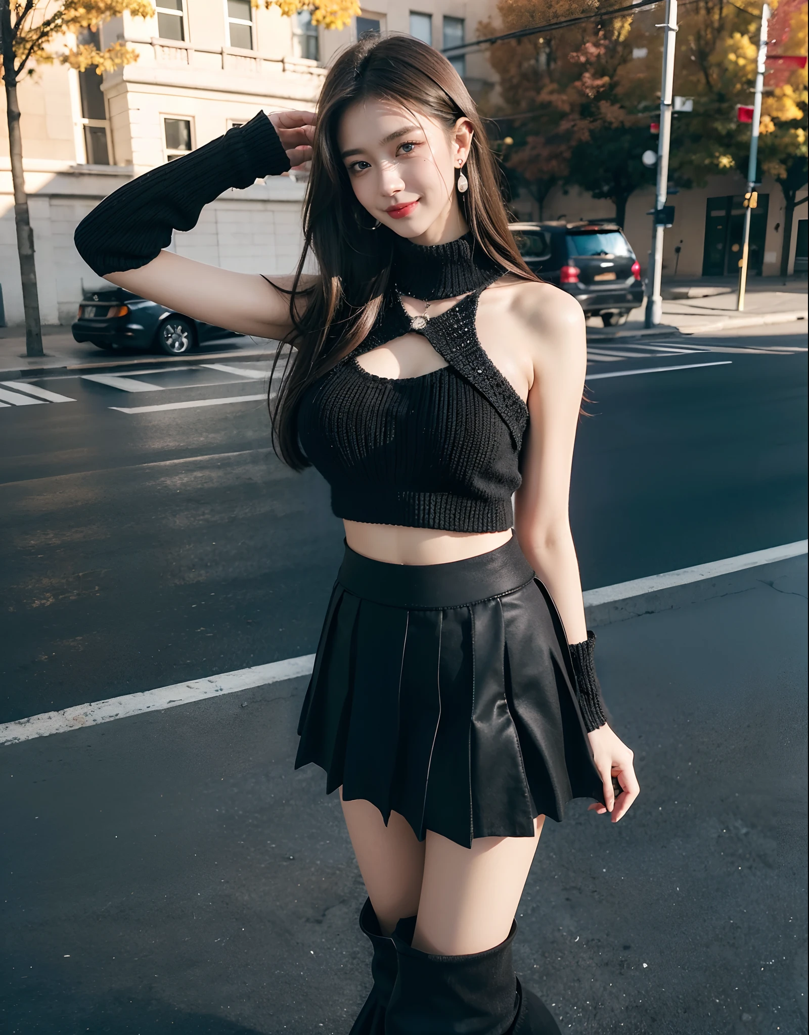 (Masterpiece:1.3), (realisitic:1.3), 8K, Very high resolution, overexposure, Cinematic lighting, Dynamic lighting, Detailed hair, Real hands, DetailPace, DetailEyes, A 17-year-old girl with a pretty face, Uljang, Blue Eyes, Long Brunette Hair, Middle breast, Perfect Body, Translucent white skin, Earrings, necklaces, blush, hilarious, Smile, teeth, ((Black Knitted Top:1.3)), ((black skirts:1.3)), (((Lifting skirt1.2))), (black long boots:1.3), 안으로 , (((windy))), ((Autumn)), (((Standing)))
