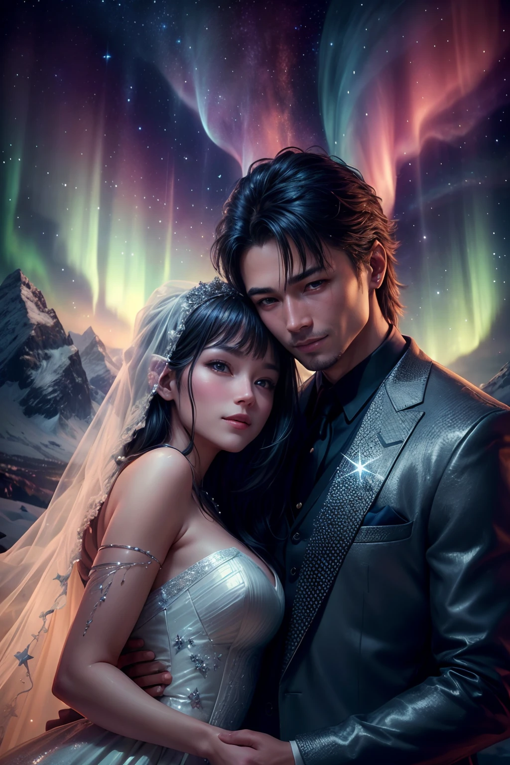 ((Best quality, A high resolution, Masterpiece:1.2)), (Romantic), (newlyweds:1),(Happy smile),Delicate facial features, Clear facial features, Optimized details,(Stargazing at the top of the mountain), (Spectacular Northern Lights), (Wedding dress), (suit), (glittering stars:1.5), Romantic couple photo, cinematic Film still from, ,Best quality,超高分辨率,high resolution,Detailed,RAW photo,Sharp,Rich colors, Ultra-realistic realistic textures, Dramatic lighting, It was a hit on Unreal Engine's ArtStation Cinestill 800,