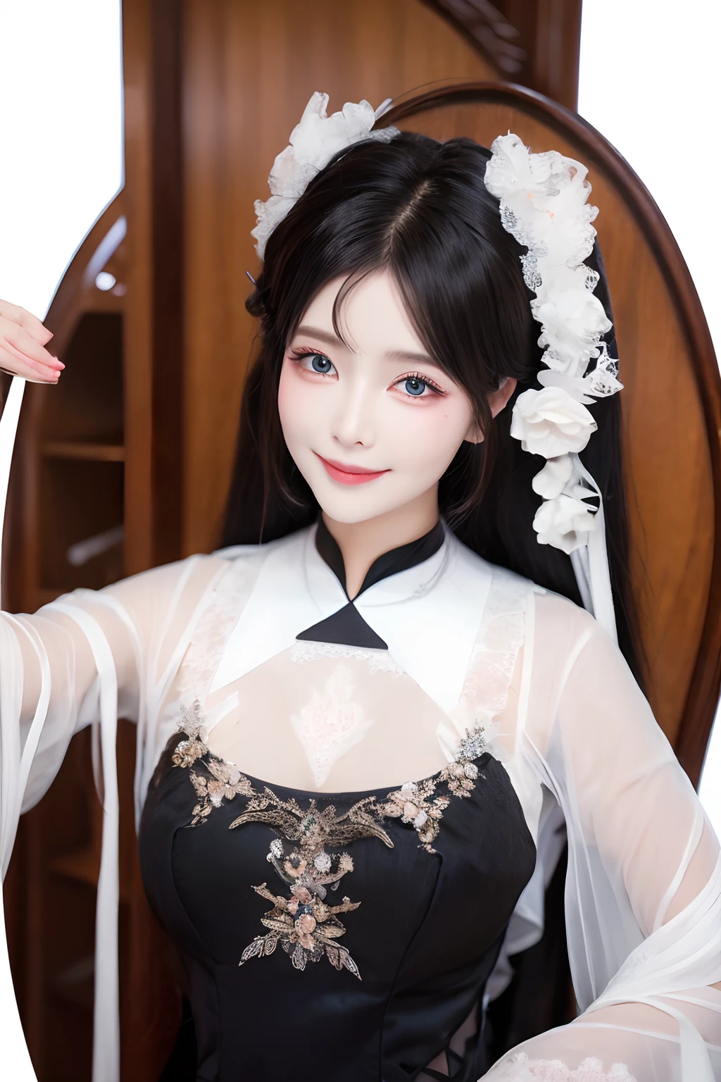 Black doll dress,Hair is gently coiled,Smiling,As graceful as a swan,Ladylike。