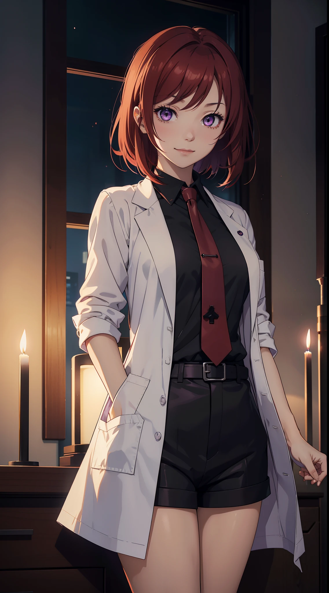 Nishikino maki, Purple eyes, slightly big breasts, bangs,white shirt, short black shorts, dark brown pantyhose, necktie, opened lab coat, slightly smile, standing, dark room lightened by candlelight, arms behind back