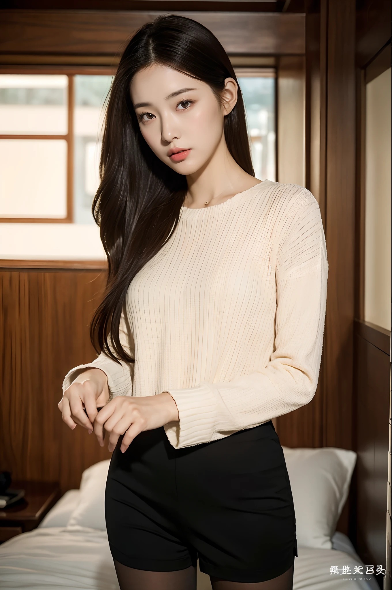 Best-quality, Masterpiece, Ultra-High-Resolution, (Photorealistic:1.4), Raw-Photo, from-below, front-view, 1girl, 15-years-old, the most famous Japanese idol, (wearing knit sweater and miniskirt, (Flirtingly lifting her skirt to show her panties):1.3), extremely beautiful big-black-eyes, extremely beautiful thighs, extremely cute face like the most famous Japanese idol, extremely beautiful hair, extremely beautiful skins, extremely beautiful long-eyelashes, extremely beautiful lips, innocent-smile