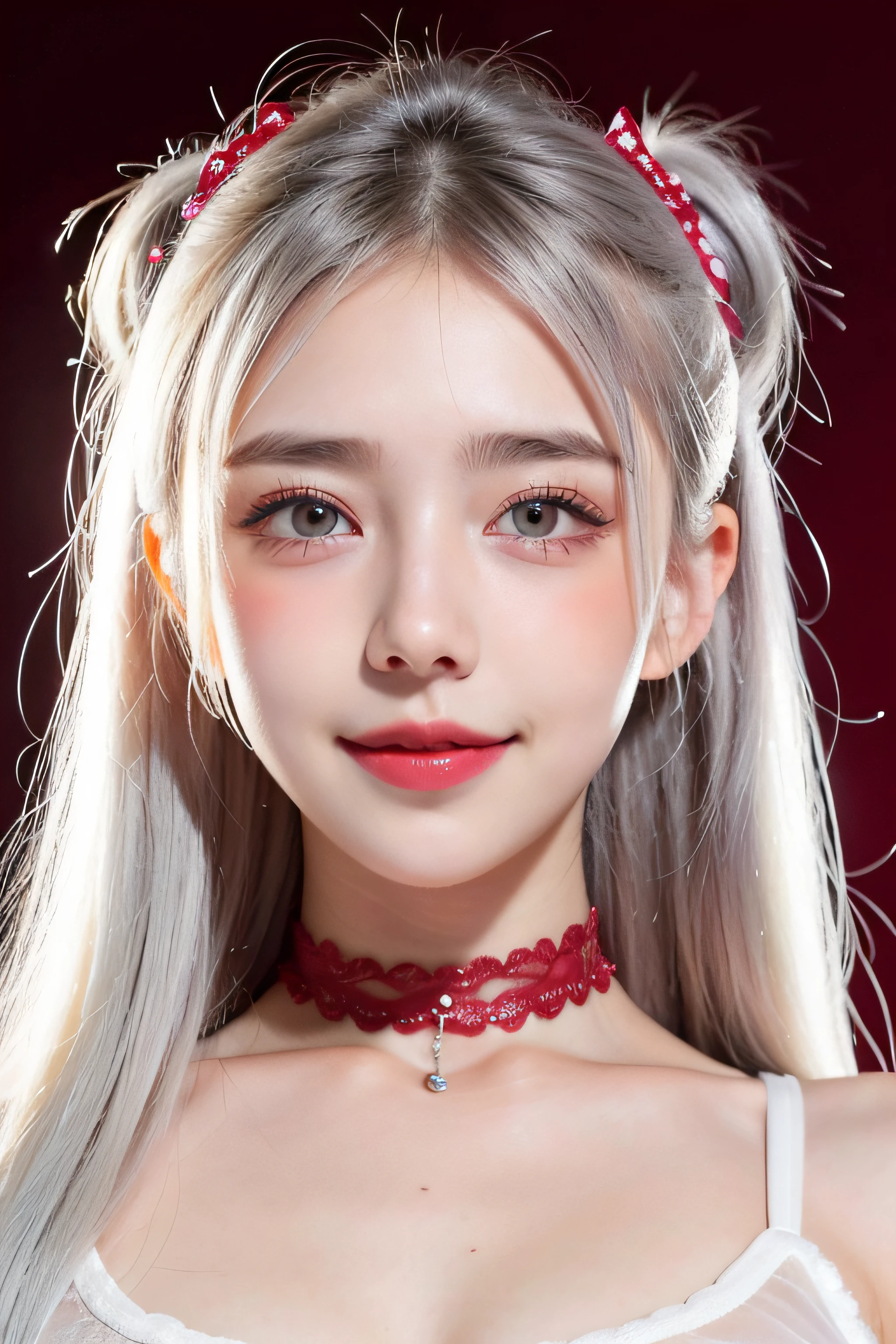 1girl, heart-shaped pupils, fingernails, white hair, purple eyes, (blush:1.1), choker, upper body, trembling, sweat, sweatdrop, heart, (medium breasts:0.6), love, heart, crop top, happy, smile, lace, bokeh, (freckles:0.8), natural skin texture, portrait, (red_background:1.3),
