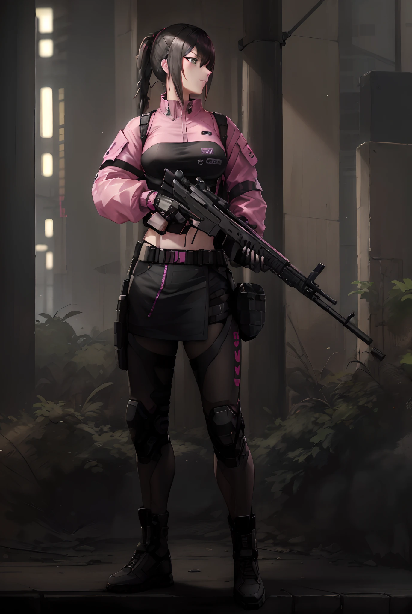 a woman in a pink shirt and black skirt holding a rifle, mechanic punk outfit, cyberpunk outfit, diesel punk female, cyberpunk style outfit, female outfit, m4 sopmod ii girls frontline, soldier outfit, full body picture, pink crop jacket, full body shot hyperdetailed, full body female, black hair, braided ponytail, green streaks in hair,