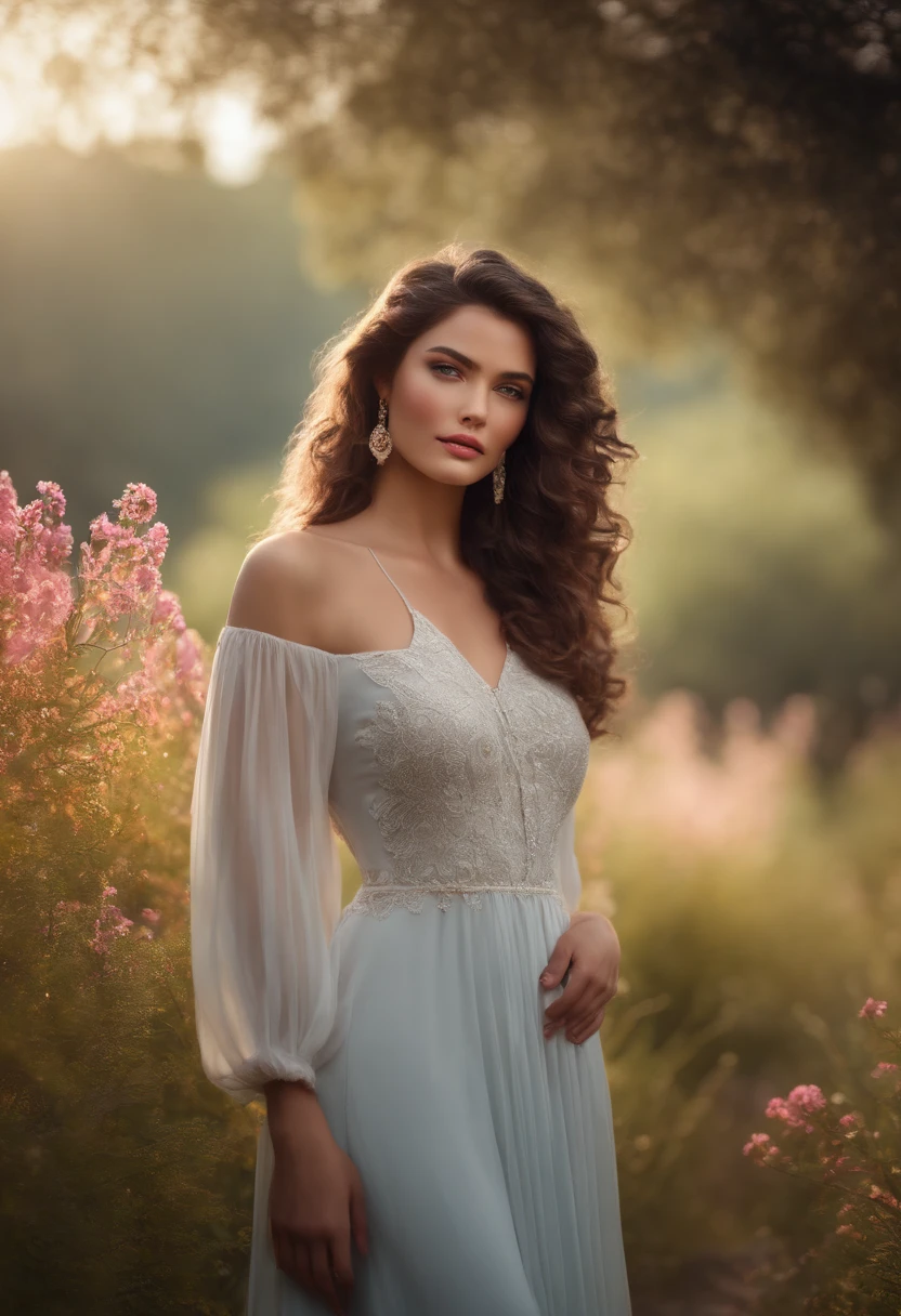 (best quality,4k,highres,masterpiece:1.2),ultra-detailed,realistic:1.37,portrait,beautiful round face,attractive,long curly hair,curly black hair,fluffy,wolf bob haircut,plump,158 cm tall,vivid colors,studio lighting,soft highlights,subtle shadows,rosy cheeks,expressive eyes,defined eyebrows,pouty lips,freckles,dainty necklace,flowy dress,standing in a flower field,gentle breeze blowing,evergreen trees in the background,ethereal ambiance