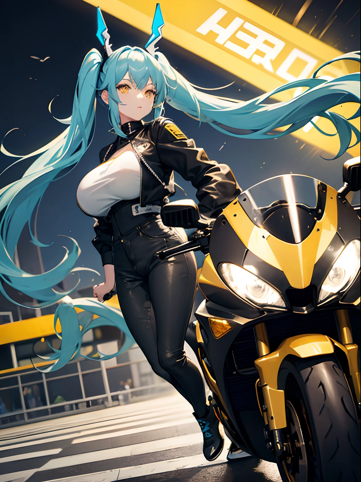 Long Hair, Twintail, Light Blue Hair, Yellow Eyes, Big Boobs, Bikers White Shirt, Bikers Black Jacket, Tight Black Jeans, Racing Motorcycle, Nighttime, Holding A Helmet, Wearing Black Gloves