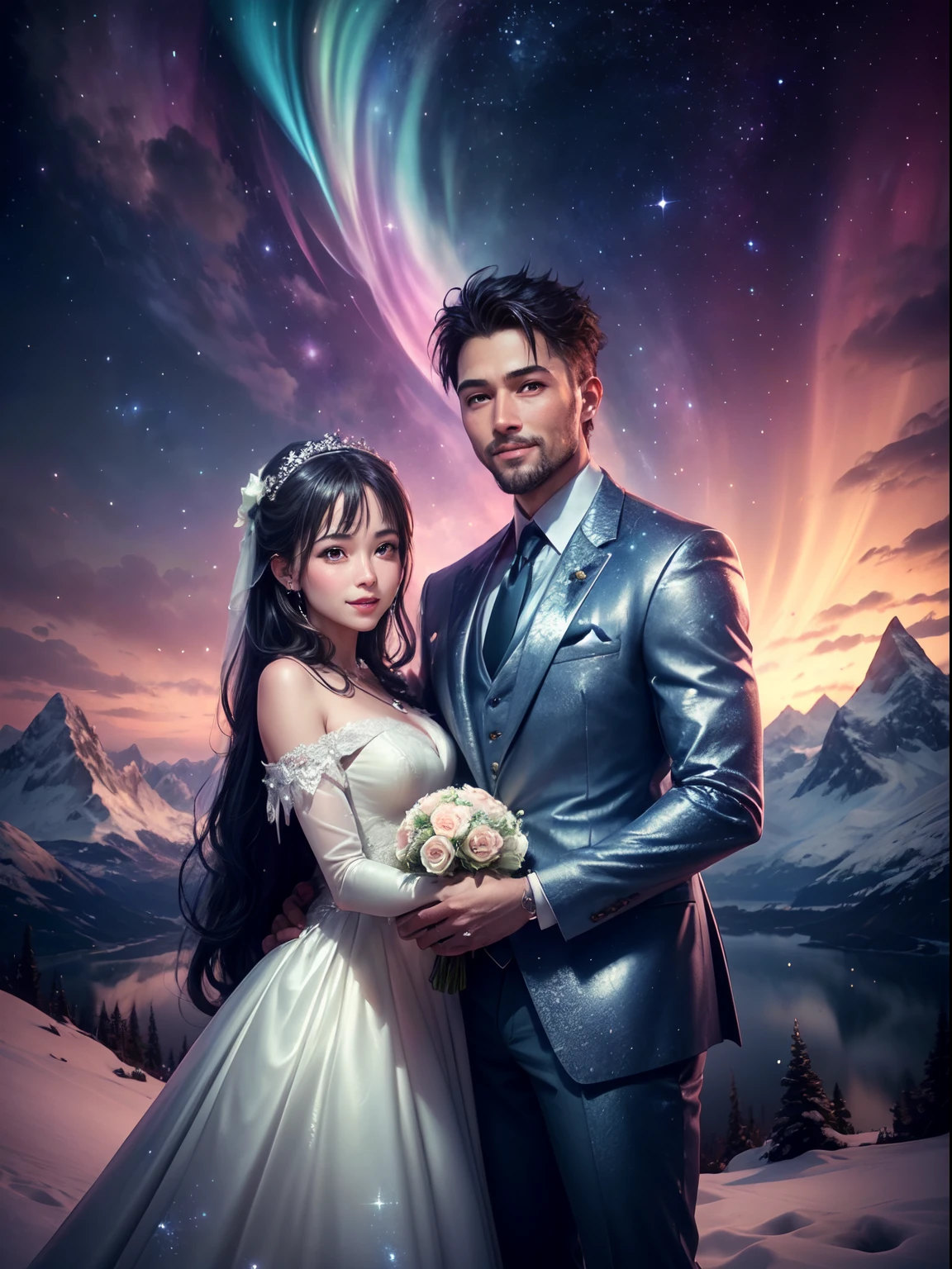 ((Best quality, A high resolution, Masterpiece:1.2)), (Romantic), (newlyweds:1),(Happy smile),Delicate facial features, Clear facial features, Happy smile,Optimized details,(Stargazing at the top of the mountain), (Spectacular Northern Lights), (Wedding dress), (suit), (glittering stars:1.5), Romantic couple photo, cinematic Film still from, ,Best quality,超高分辨率,high resolution,Detailed,RAW photo,Sharp,Rich colors, Ultra-realistic realistic textures, Dramatic lighting, It was a huge hit on Unreal Engine's ArtStation Cinestill 800,