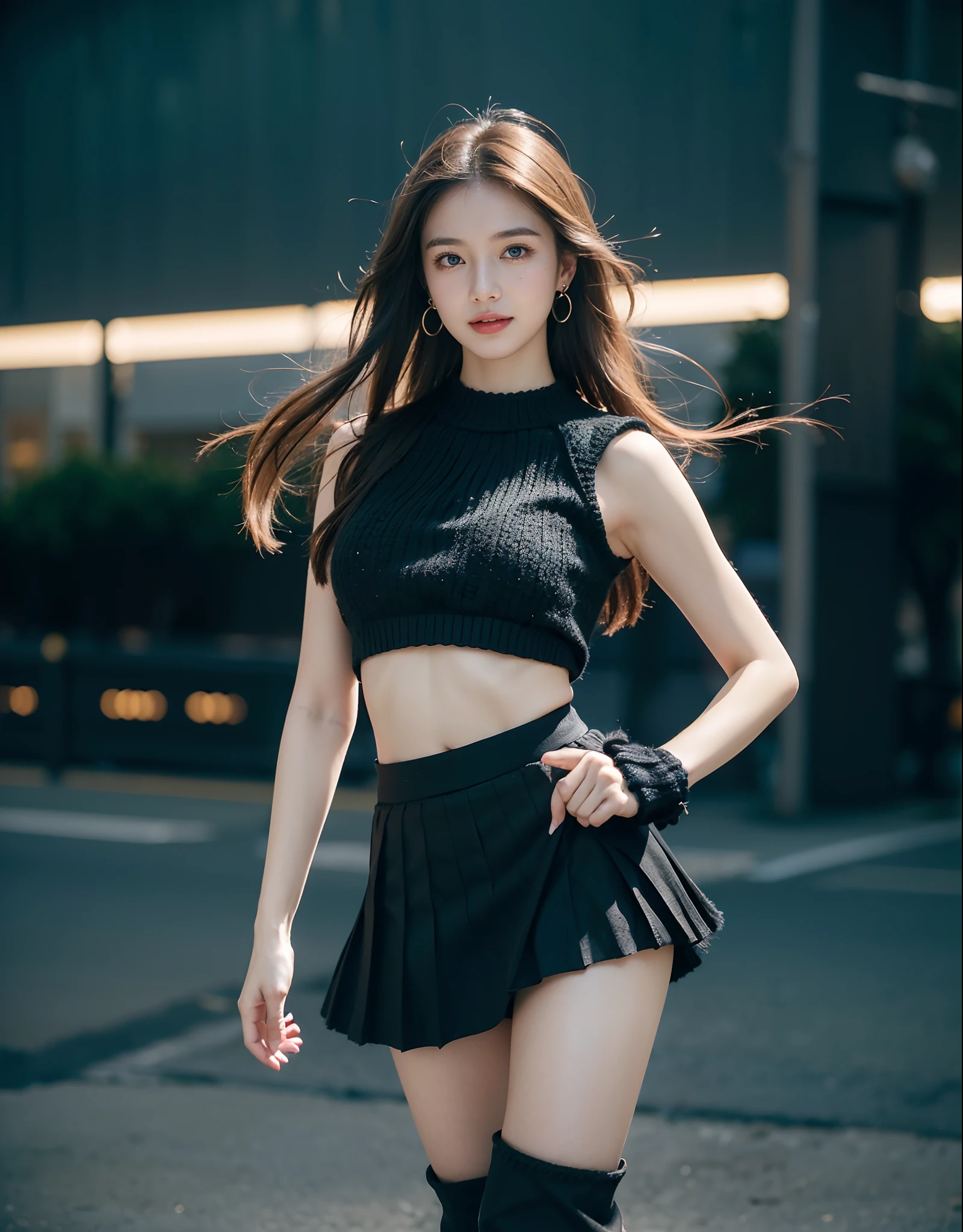 (Masterpiece:1.3), (realisitic:1.3), 8K, Very high resolution, overexposure, Cinematic lighting, Dynamic lighting, Detailed hair, Real hands, DetailPace, DetailEyes, A 17-year-old girl with a pretty face, Uljang, Blue Eyes, Long Brunette Hair, Middle breast, Perfect Body, Translucent white skin, Earrings, necklaces, blush, hilarious, Smile, teeth, ((Black Knitted Top:1.3)), ((black skirts:1.3)), (((Lifting skirt1.2))), (black long boots:1.3), 안으로 , (((windy))), ((Autumn)), (((Standing)))