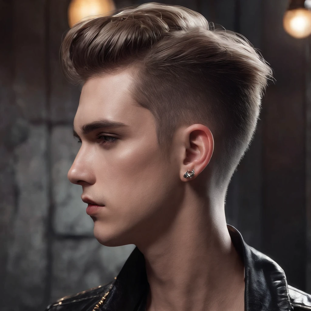 23-year-old boy, thin body, mole on his forehead, short light brown hair with a pompadour, silver ear plugs, wearing a black jacket from the brand with a snake print on his chest and wearing a black shirt underneath, old school style tattoos, smoking with a bottle of beer in his hand and standing in an underground bar, digital art, full body image
