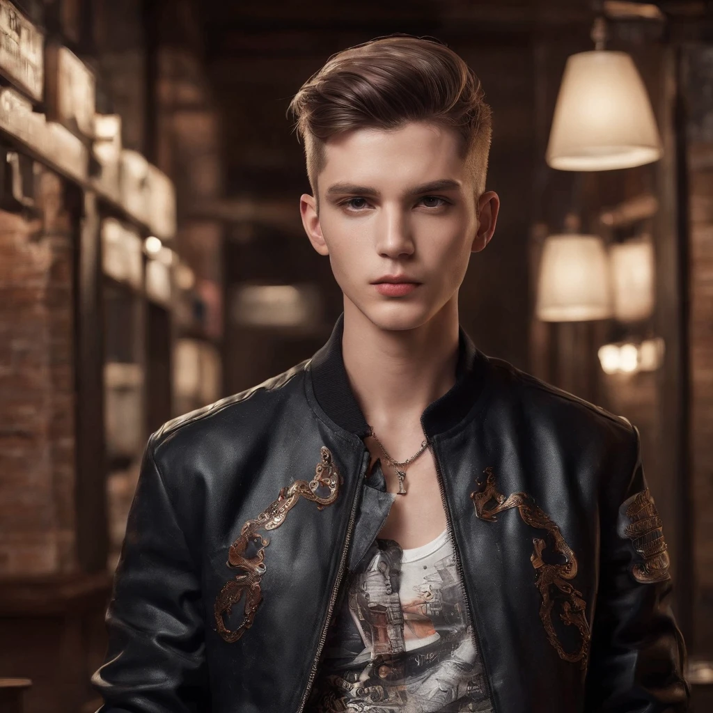 23-year-old boy, thin body, mole on his forehead, short light brown hair with a pompadour, silver ear plugs, wearing a black jacket from the brand with a snake print on his chest and wearing a black shirt underneath, old school style tattoos, smoking with a bottle of beer in his hand and standing in an underground bar, digital art, full body image