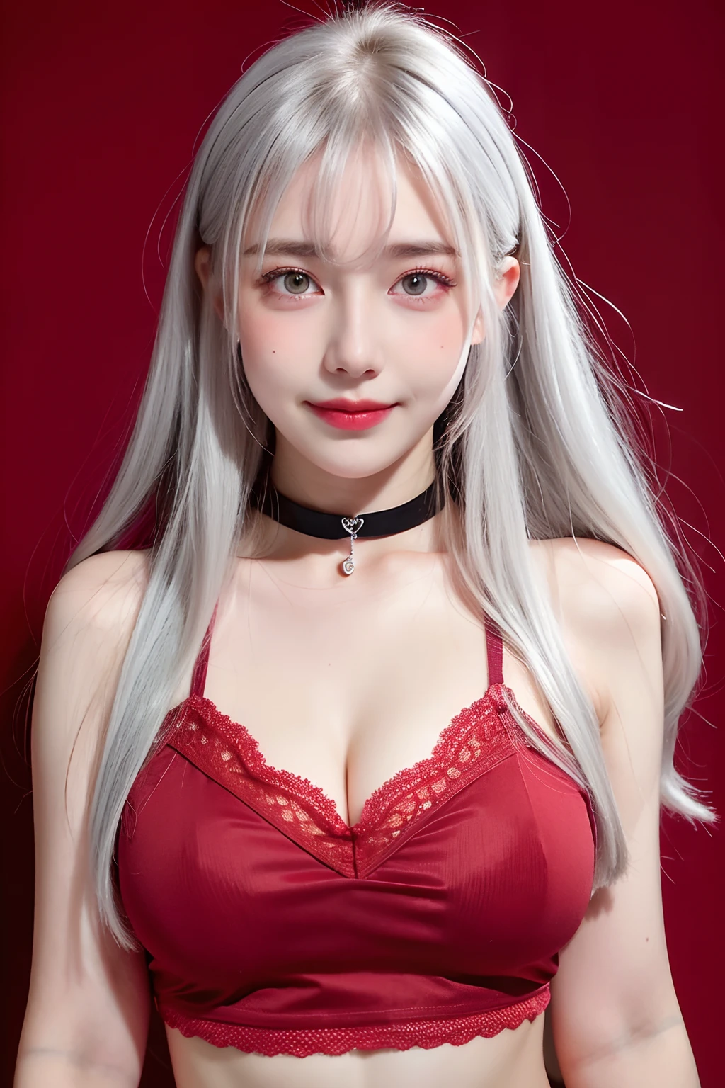 1girll, Heart-shaped pupils, finger nails, White hair, Purple eyes, (Blush:1.1), choker necklace, Upper body, Trembling, Sweat, drops of sweat, Heart, (Medium breasts:0.6), Love, Heart, Crop top, cheerfulness, Smile, Lace, Bokeh, (freckle:0.8), Natural skin texture, Portrait, (Red_Background:1.3)