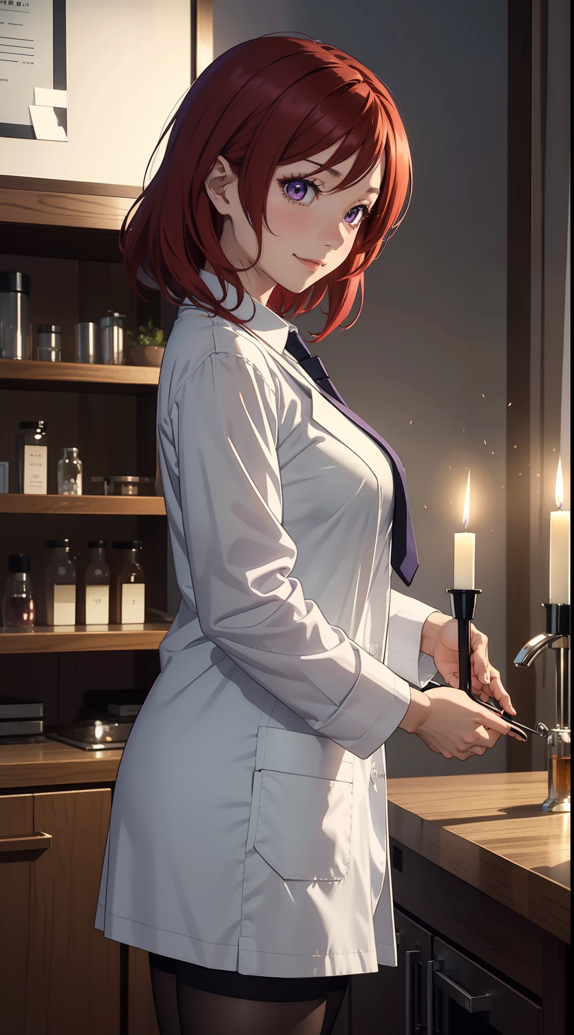 Nishikino maki, Purple eyes, slightly big breasts, bangs,white shirt, short black shorts, dark brown pantyhose, necktie, opened lab coat, slightly smile, standing, dark room lightened by candlelight, slightly from side