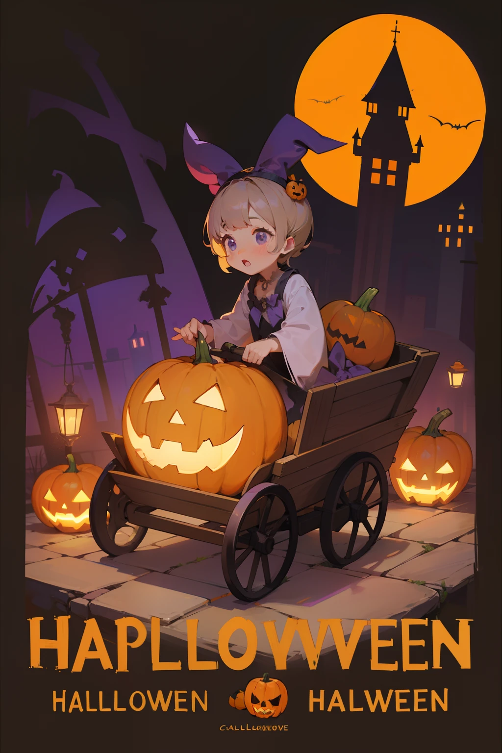 Pumpkin cart,Halloween,flagstone road,siluette,Small Fresh,Purple and yellow intersect,kawaii,Poster cover,high light
