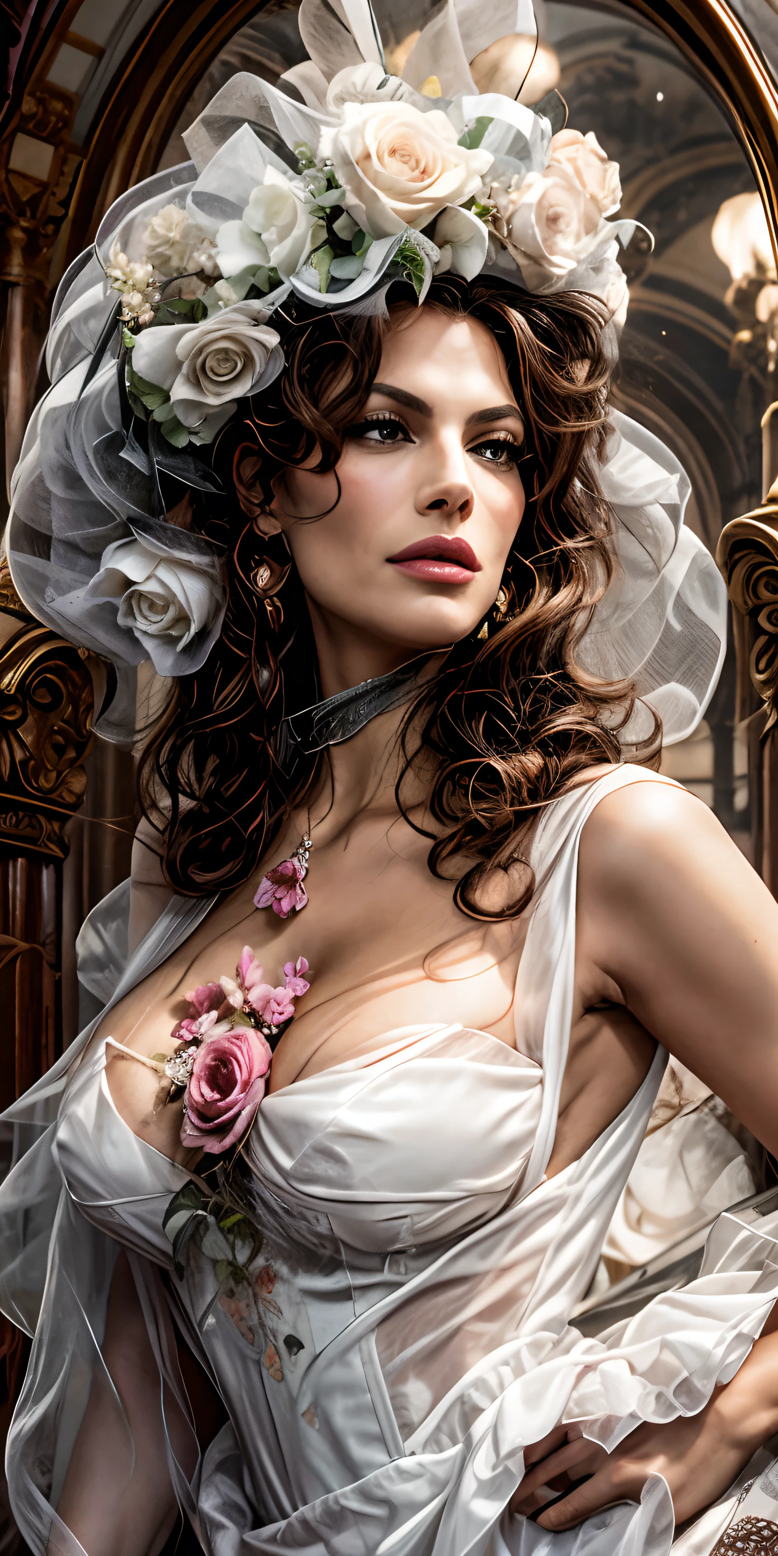 realistisches Farbfoto einer Frau (Eva Mendes) mit einem rosa Kleid und einem rosa Hut, das Kleid hat einen sehr tiefen Ausschnitt, The woman has a beautiful bosom, the woman has a sensual, seductive facial expression, 8k, Hasselblad