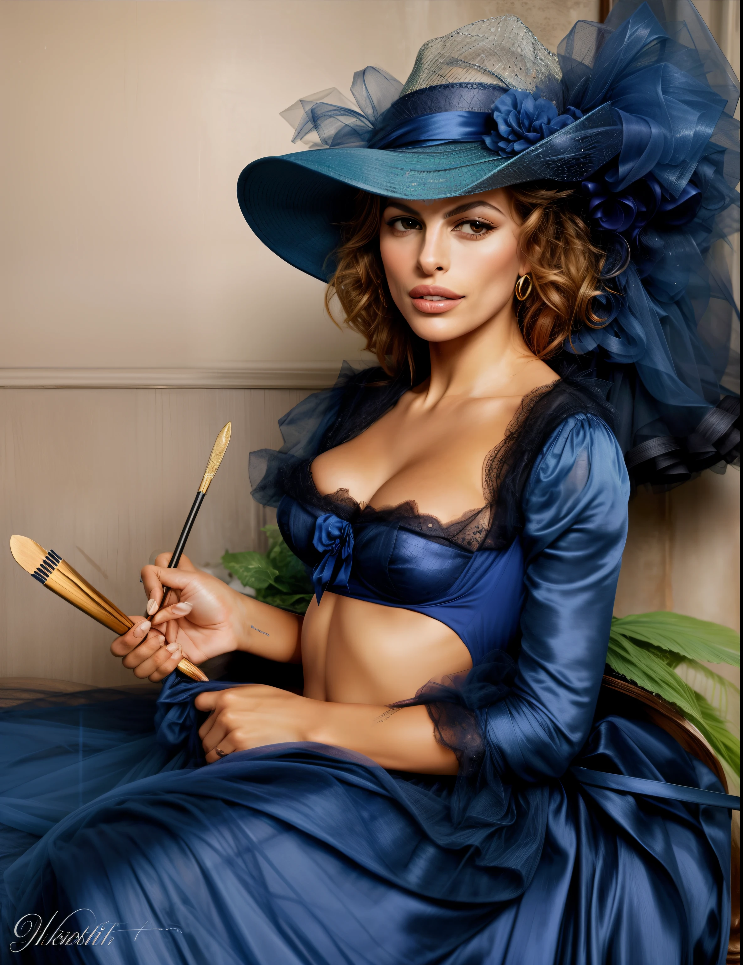 realistisches Farbfoto einer Frau (Eva Mendes) in blauem Kleid und Hut mit Pinsel und Palette, das Kleid hat einen sehr tiefen Ausschnitt, the woman has a seductive sensual facial expression, inspiriert von Helmut Newton, 8k Hasselblad