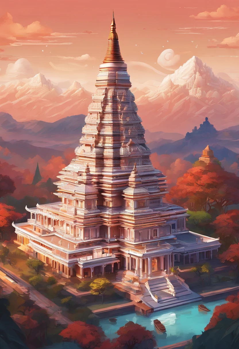 (best quality, masterpieces, detailed, new features), Shwetigone Pagoda of Myanmar in the sky, with shimmering effects and an eternal realm. Reflective surfaces and soaring architecture that reaches the clouds. Astonishing details that are intricately crafted. A cosmic ode to Zeus.