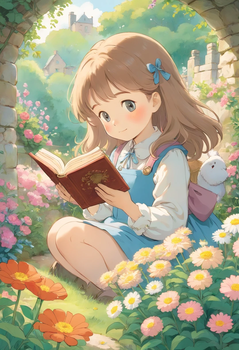 Illustration of a picture book in the style of Beatrix Potter, Little girl reading a book in a flowering garden,On the side is a baby rabbit, The illustrations are charming and delicate, Soft colors,in detail,Flower picture frame