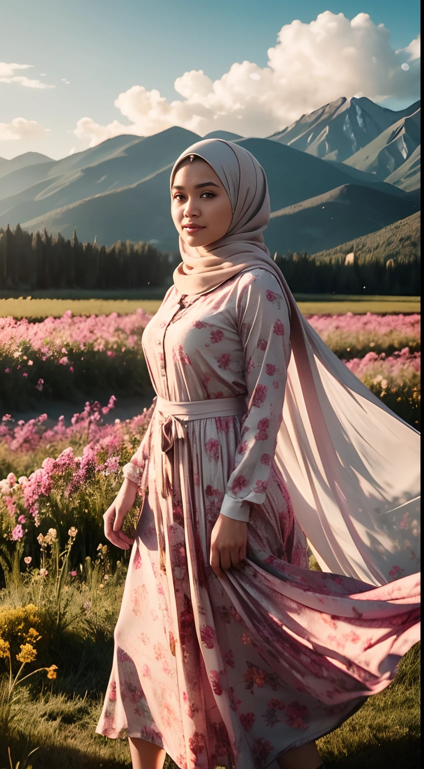 a beautiful malay young woman in hijab, is standing with large flower explosion in the background, flower petal flying in the air, in the style of midsommar, fanciful, natural landscape , dreamlike imagery, captivating documentary photos, flowing fabrics, disintegrated, intricate --ar 146:79 --v 5.1 --style raw, pastel color grading