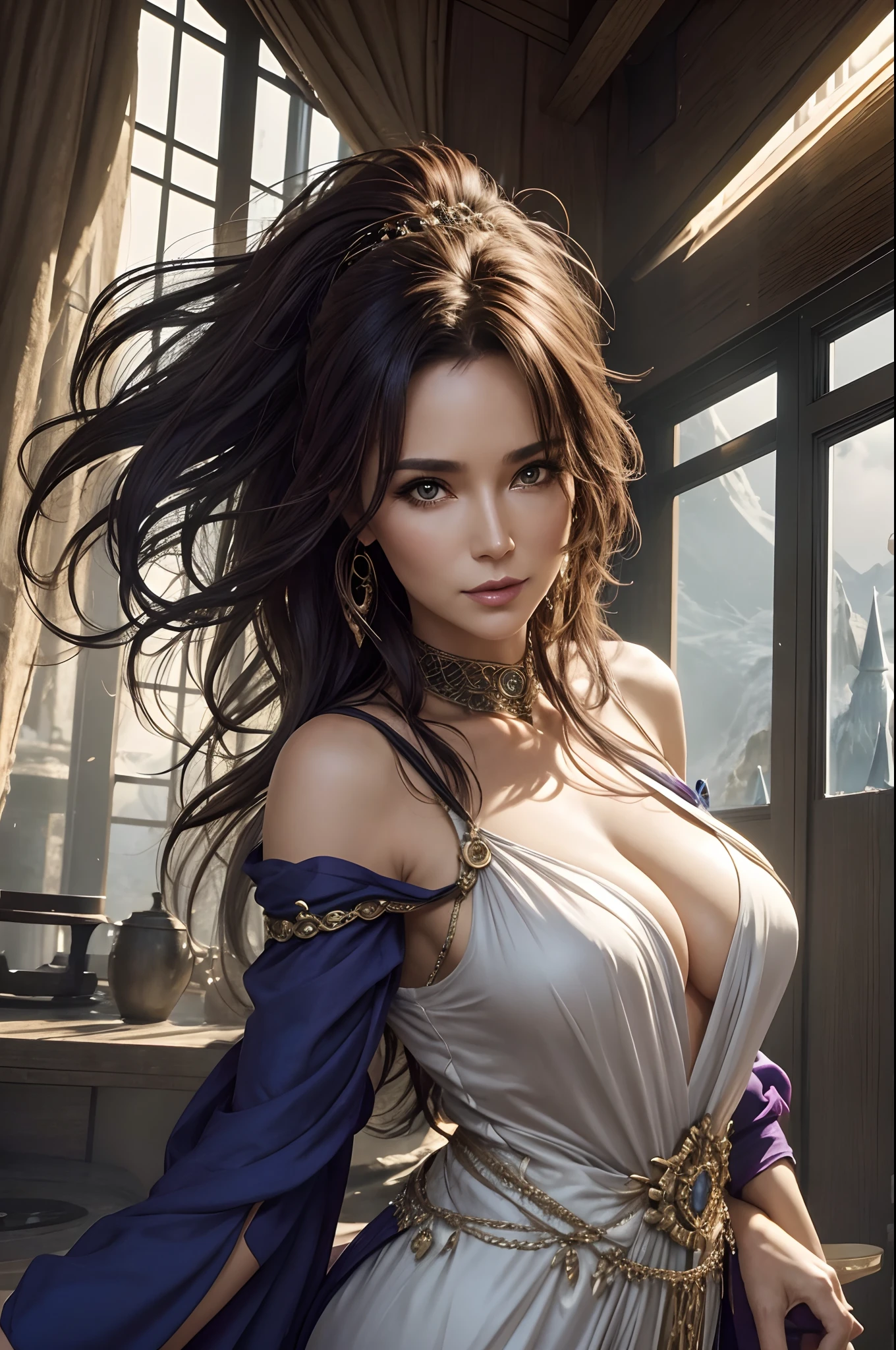 51 yo Goddess in a fantasy world, posing for viewer, messy hair, asymmetrically placed hair, tall woman, stunningly beautiful woman, arm sleeves, seductress