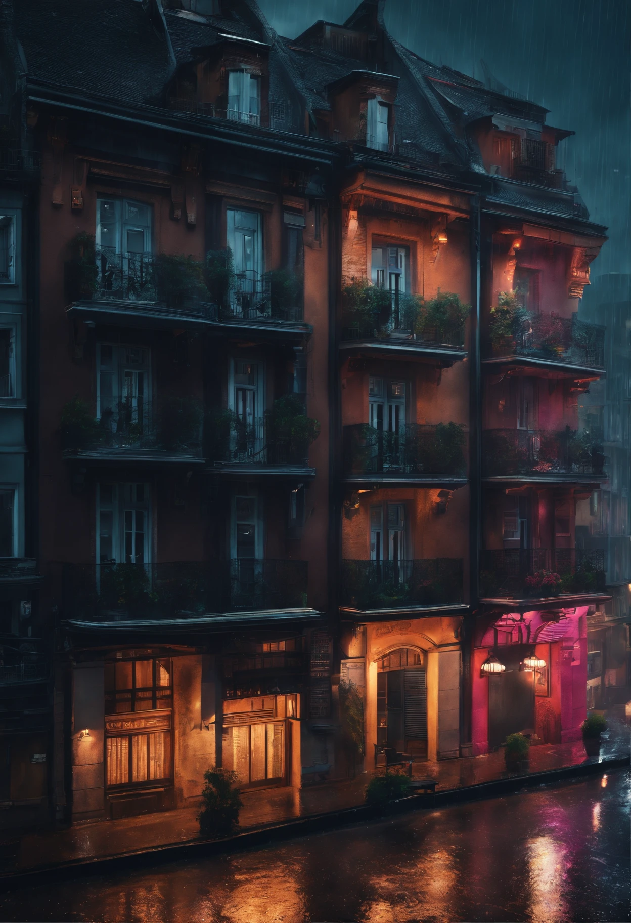 Ville, immeuble, pluie, cyberpunk