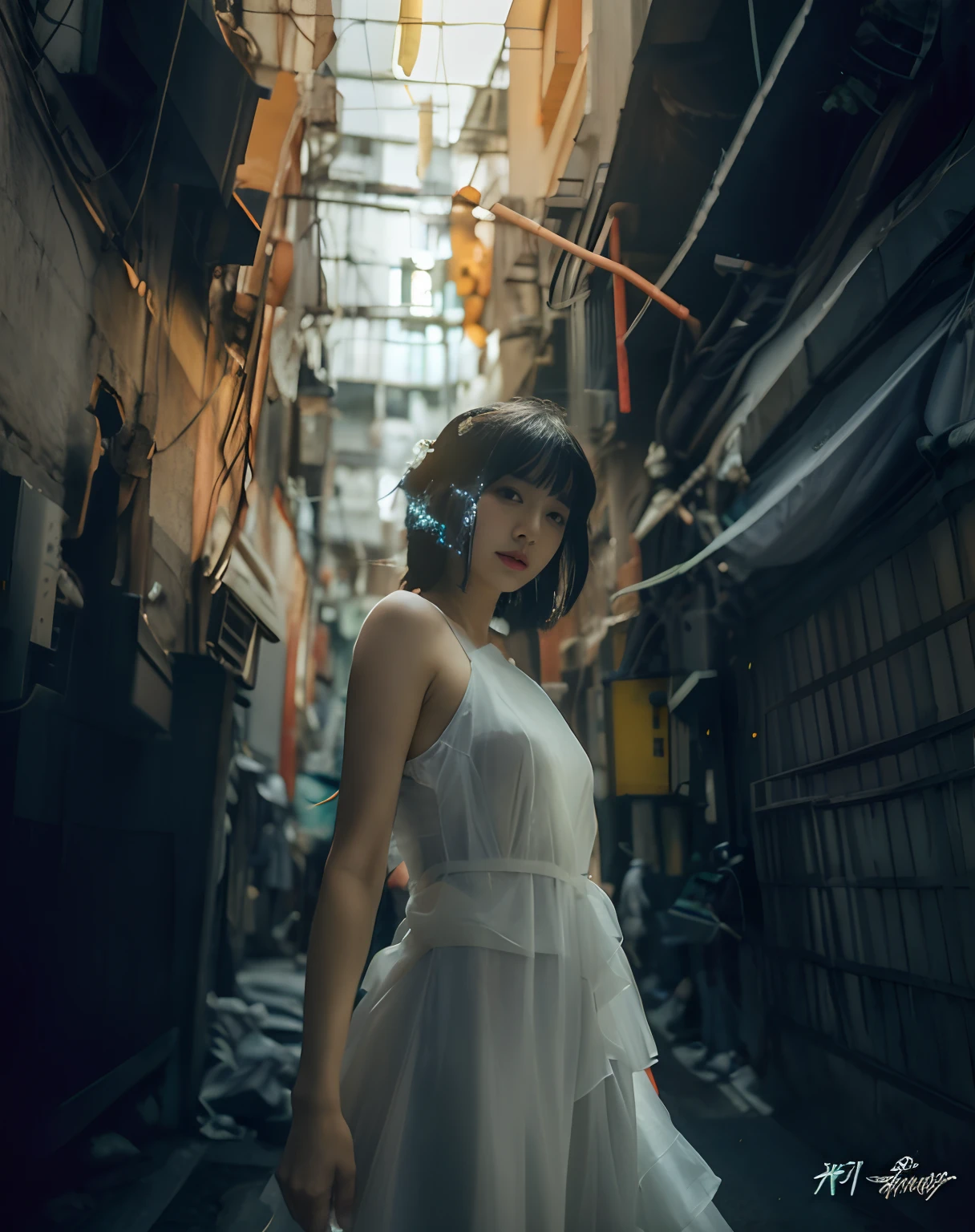 arafed woman in white dress standing in a narrow alleyway, styled like ghost in the shell, anime style mixed with fujifilm, inspired by Ayami Kojima, cinematic. by leng jun, cinematic shot ar 9:16 -n 6 -g, in neo tokyo, cyberpunk photo, shot with sigma f/ 4.2