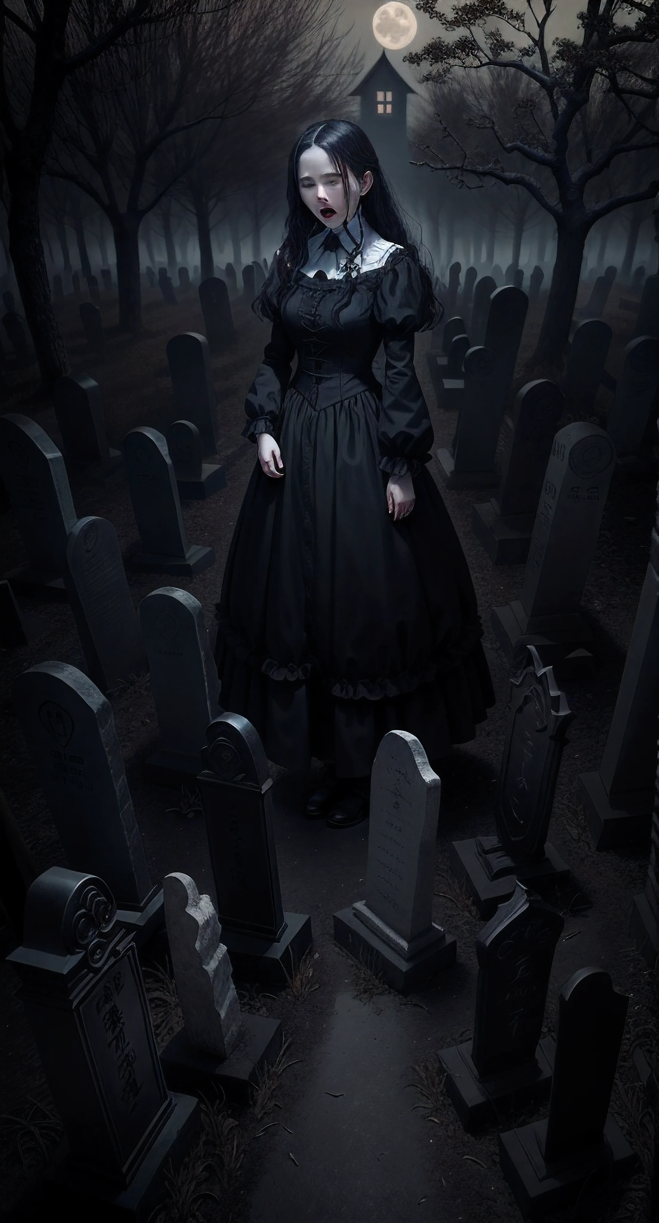 一幅非常详细的哑光画,Haunted graveyard,Sinister shadows,Creepy abandoned house,Malevolent spirits,Bloodcurdling screams,Eerie moonlit forest,Ghostly apparitions,Demonic possession,Torturous nightmares,Desolate asylum,Cursed dolls,Terrifying clowns,Macabre rituals,Grave robbers,Chilling whispers,Possessed mirrors,Haunted paintings,Creaking floorboards,Mysterious disappearances,Forbidden rituals