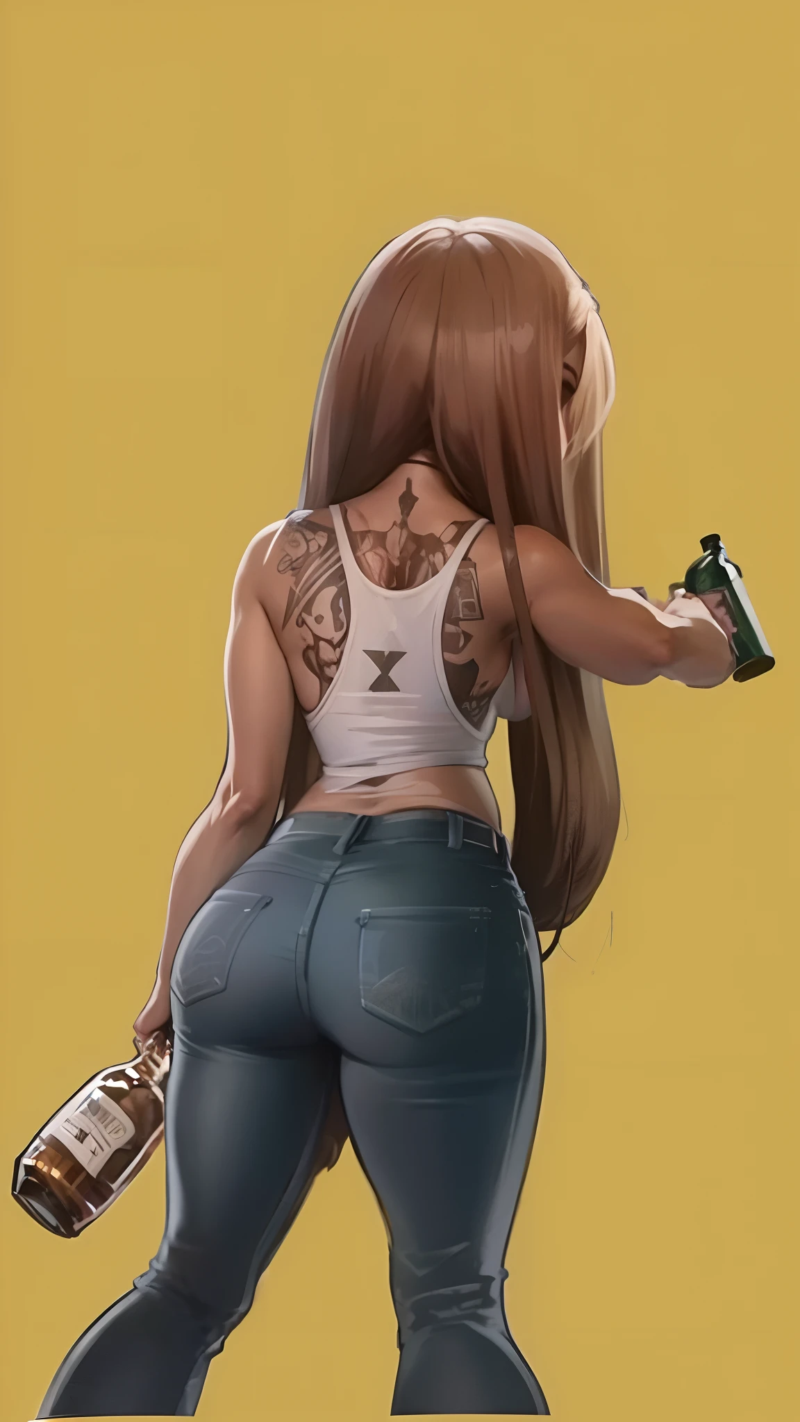 extremamente realista, mulher de costas, bunda grande, weapon in hand, revolver in hand, With a bottle of whiskey in hand, sexy